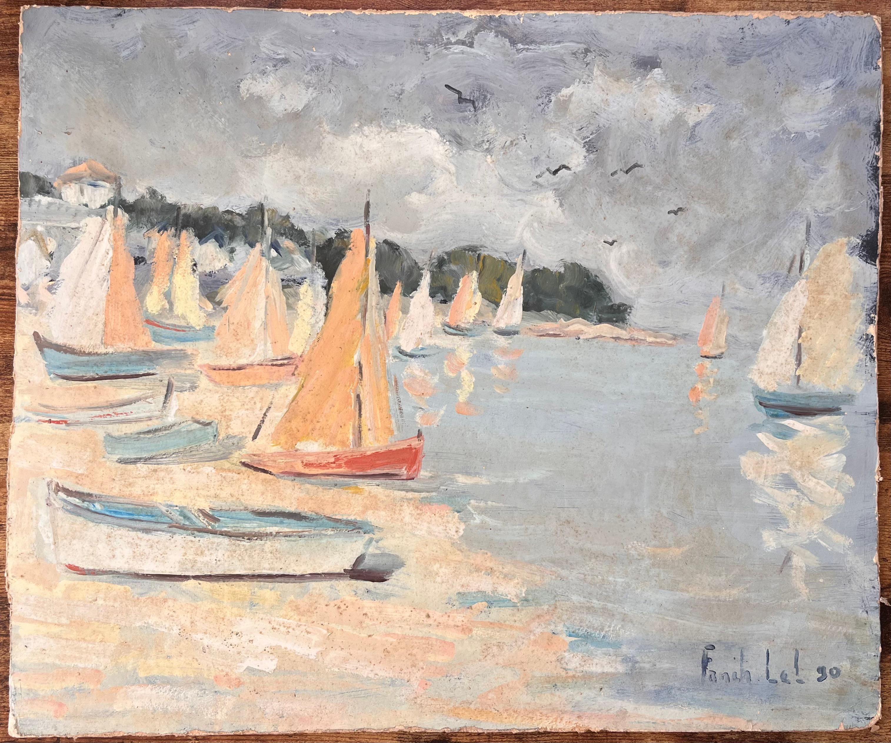 Scène de régates impressionniste française avec voiliers colorés et village en bord de mer - Painting de Fanch Lel