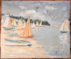 Französische impressionistische Regatta-Szene des Impressionismus mit bunten Segeln und Meeresdorf