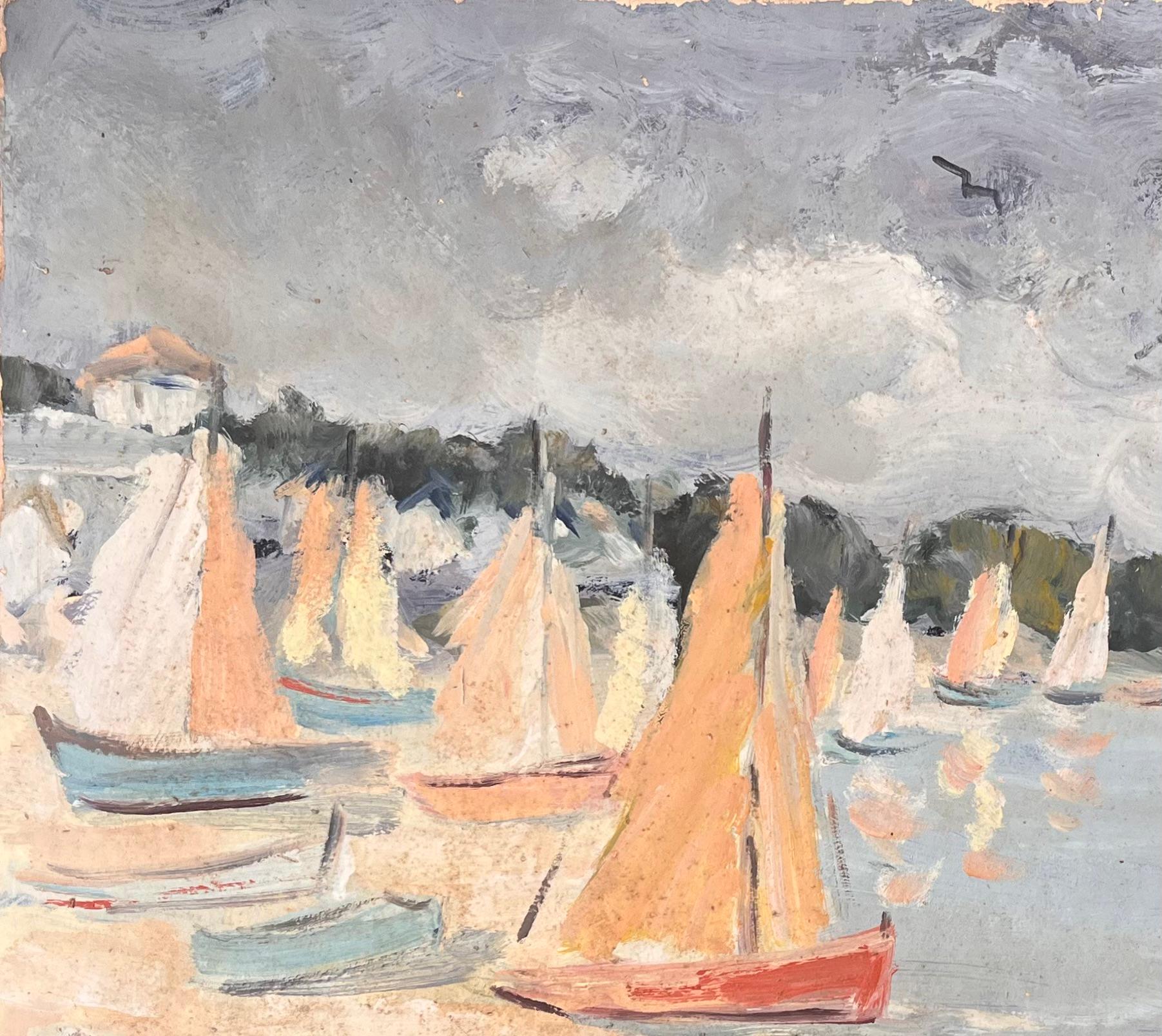 Scène de régates impressionniste française avec voiliers colorés et village en bord de mer - Impressionnisme Painting par Fanch Lel