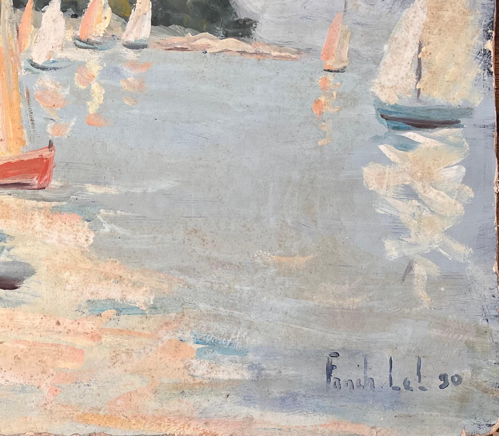 Scène de régates impressionniste française avec voiliers colorés et village en bord de mer en vente 1