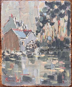 French Impressionist River Scene in Moulin sur l’Aven with Rustic Houses