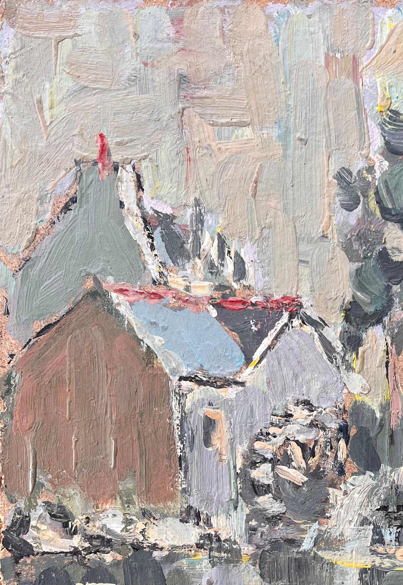 Französischer Impressionismus Flusslandschaft in Moulin sur l'Aven mit rustikalen Häusern (Grau), Abstract Painting, von Fanch Lel