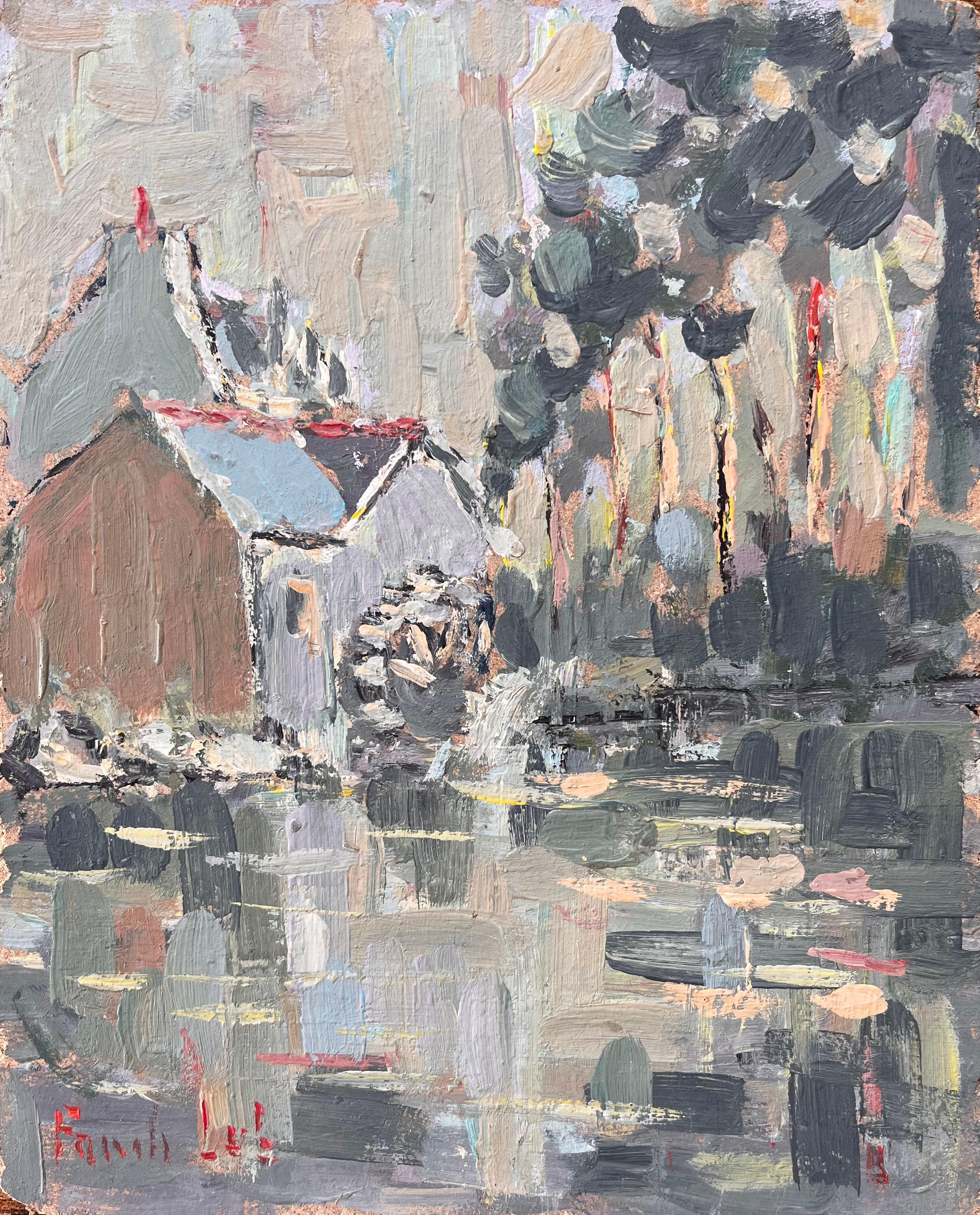 Fanch Lel Abstract Painting – Französischer Impressionismus Flusslandschaft in Moulin sur l'Aven mit rustikalen Häusern