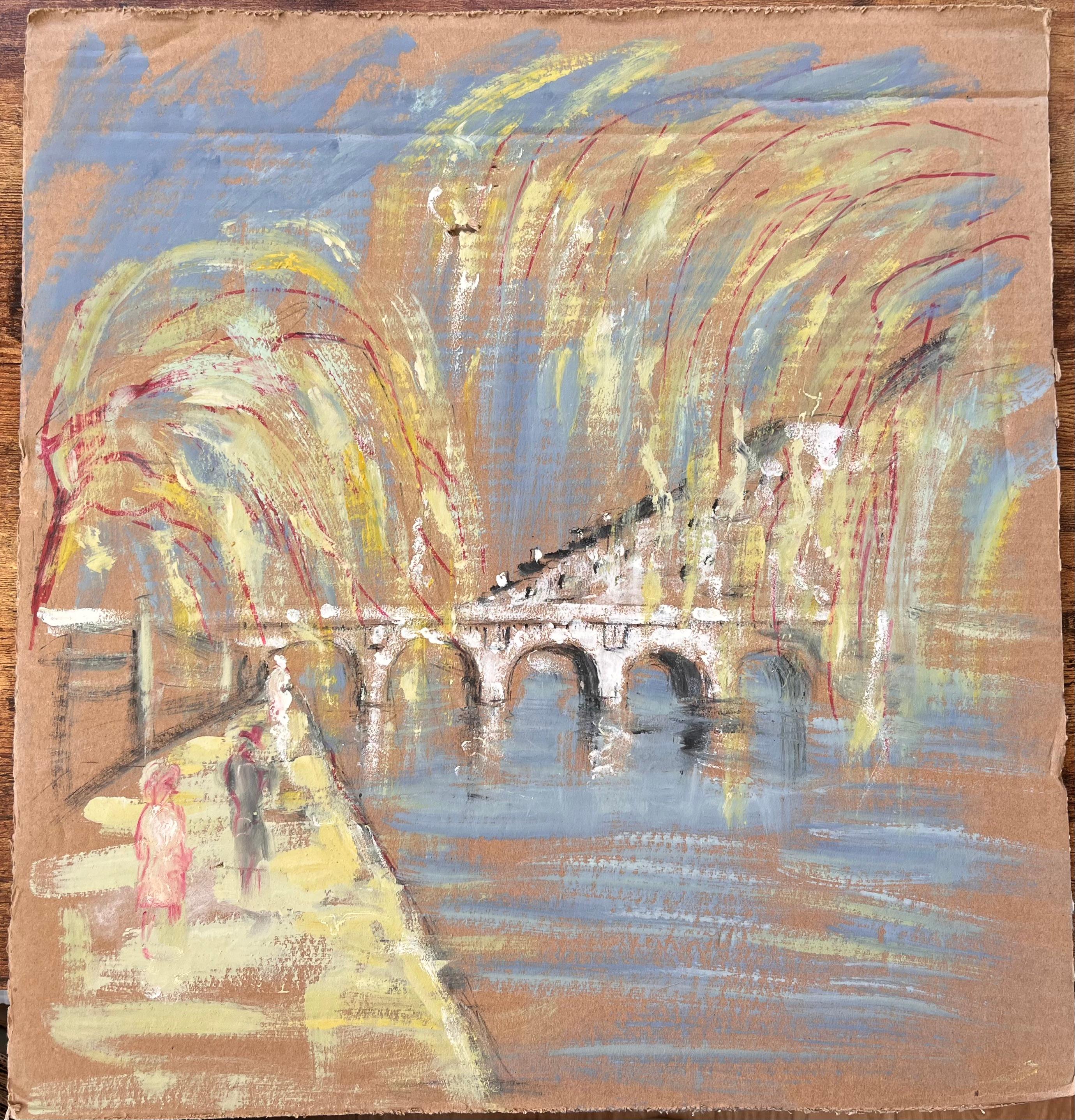 French Impressionist River Scene with Arched Bridge and Tree Lined Promenade - Painting by Fanch Lel