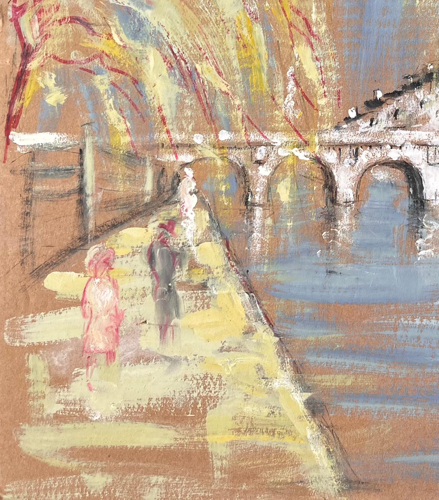 French Impressionist River Scene with Arched Bridge and Tree Lined Promenade - Brown Landscape Painting by Fanch Lel