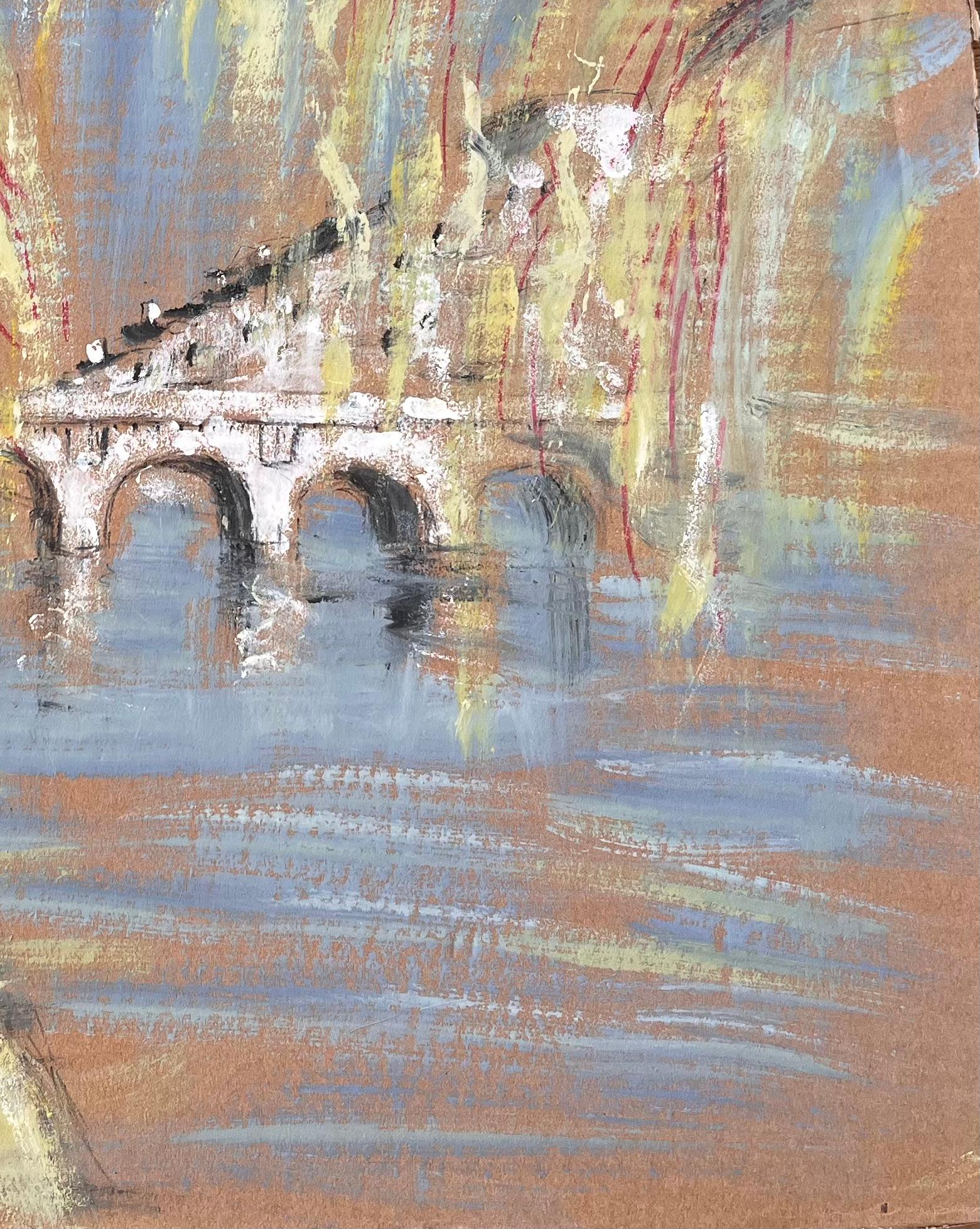 French Impressionist River Scene with Arched Bridge and Tree Lined Promenade For Sale 2