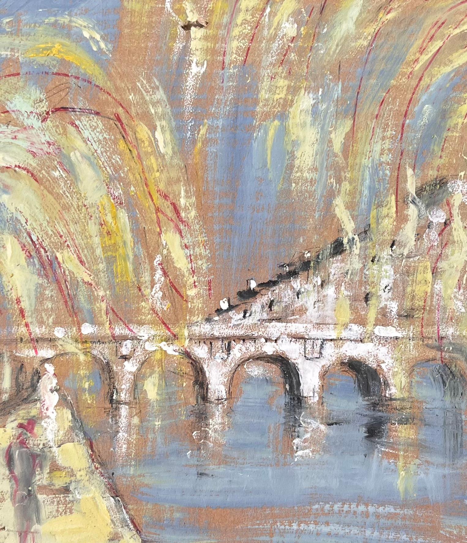 French Impressionist River Scene with Arched Bridge and Tree Lined Promenade For Sale 3