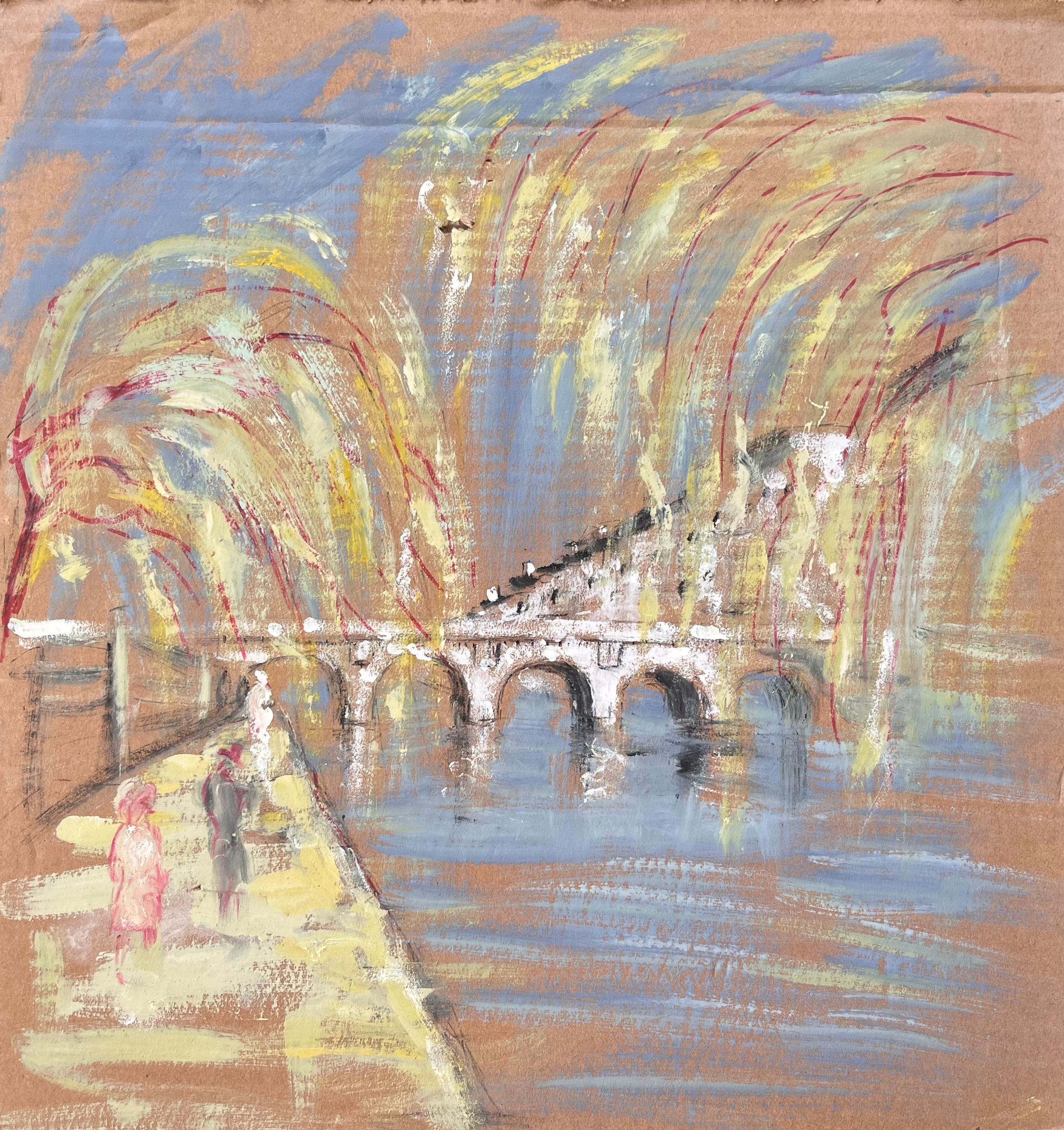 Französische impressionistische Flussszene mit bogenförmiger Brücke und baumgesäumter Promenade