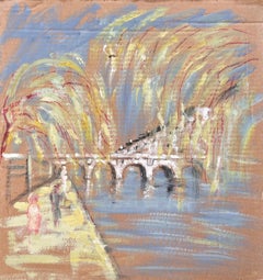 French Impressionist River Scene with Arched Bridge and Tree Lined Promenade