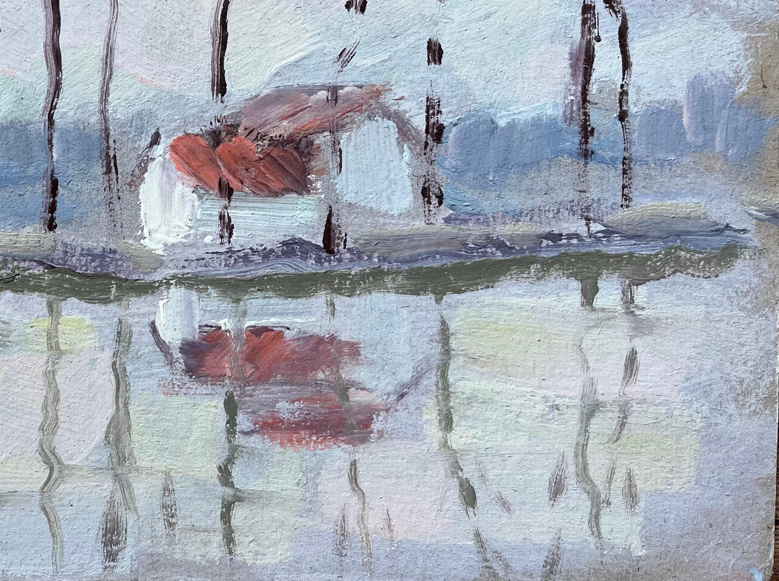 Paysage impressionniste français de bord de rivière avec reflets et cottage - Painting de Fanch Lel