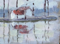 French Impressionist Riverbank Landscape with Reflections and Cottage