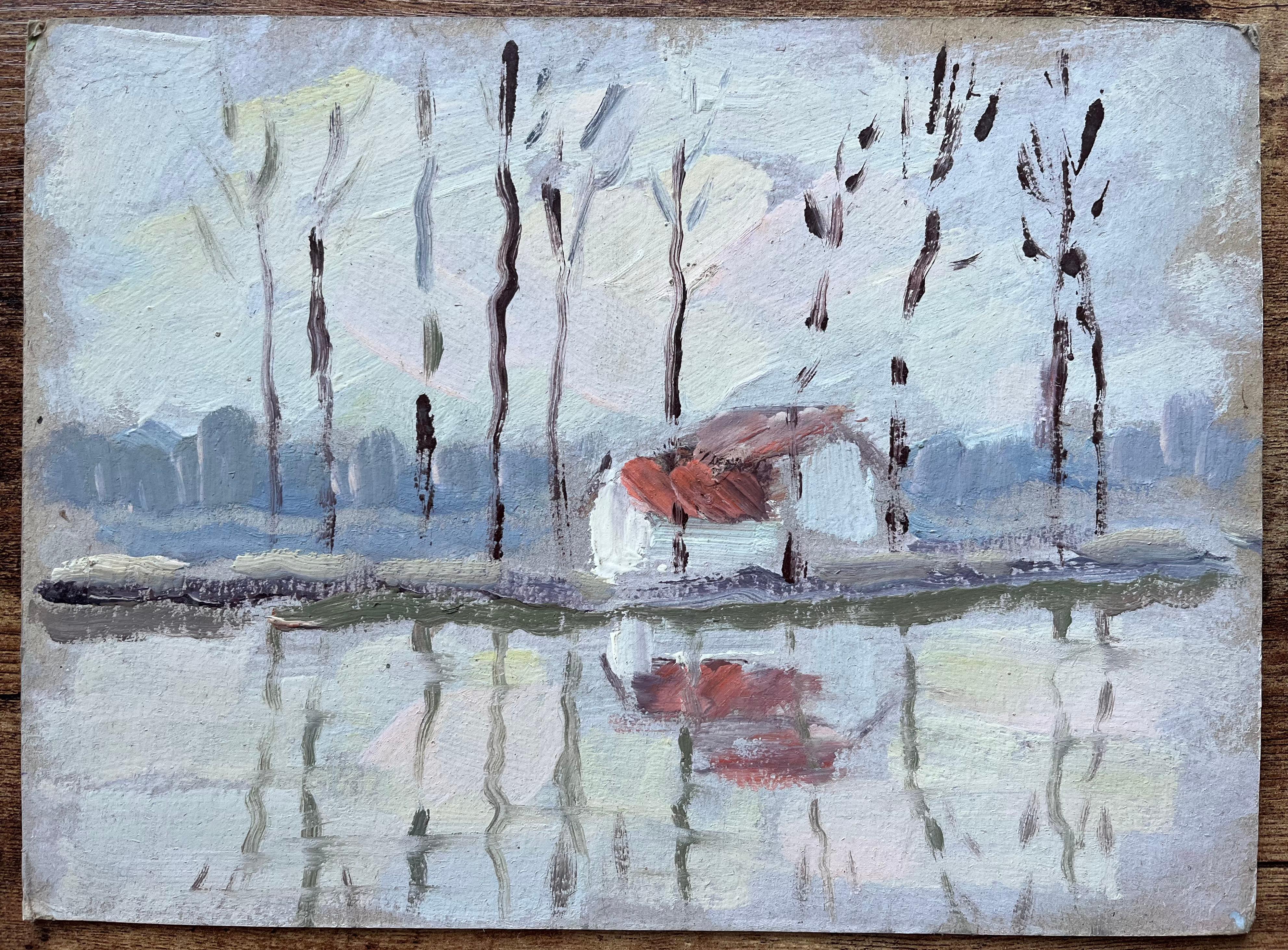 Paysage impressionniste français de bord de rivière avec reflets et cottage - Impressionnisme Painting par Fanch Lel