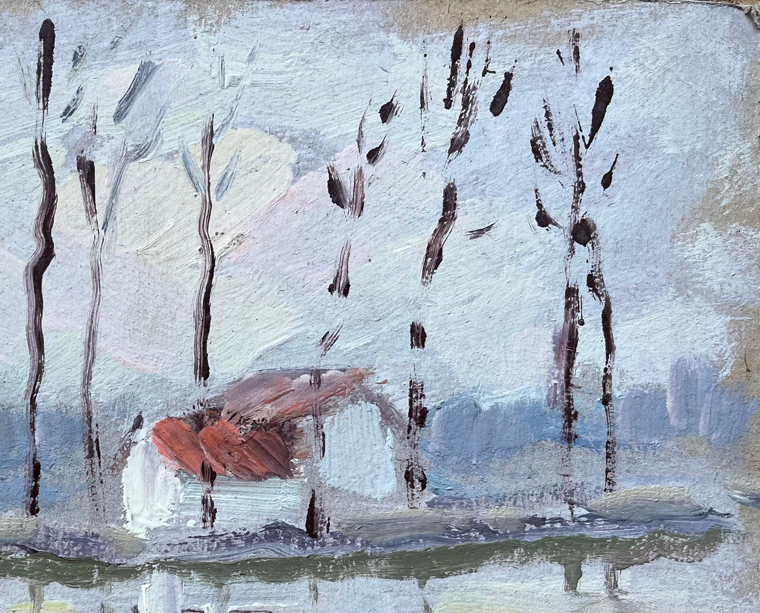 Paysage impressionniste français de bord de rivière avec reflets et cottage - Gris Landscape Painting par Fanch Lel
