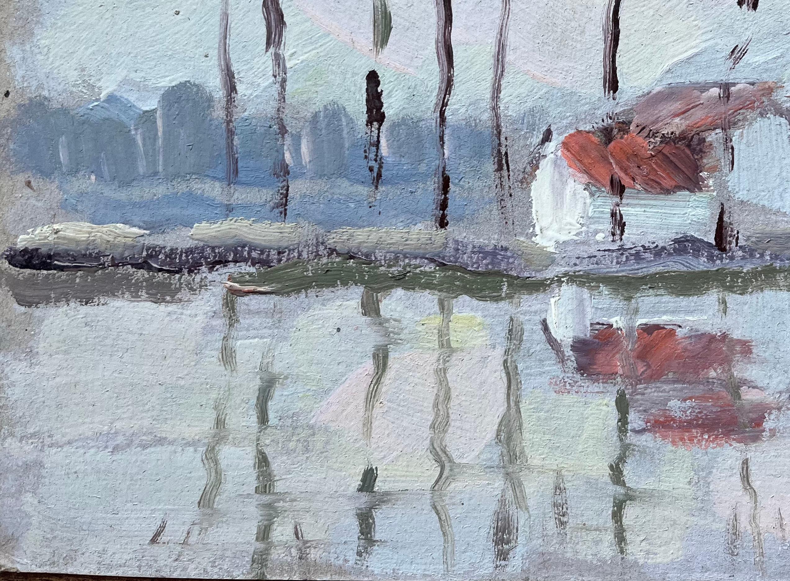 Titre : Paysage impressionniste français au bord d'une rivière avec reflets et chalet
de Fanch Lel (français né en 1930)
Taille : 8,75 pouces (hauteur) x 11,75 pouces (largeur)
Peinture à l'huile sur carton, non encadrée
Condit : Le tableau est en
