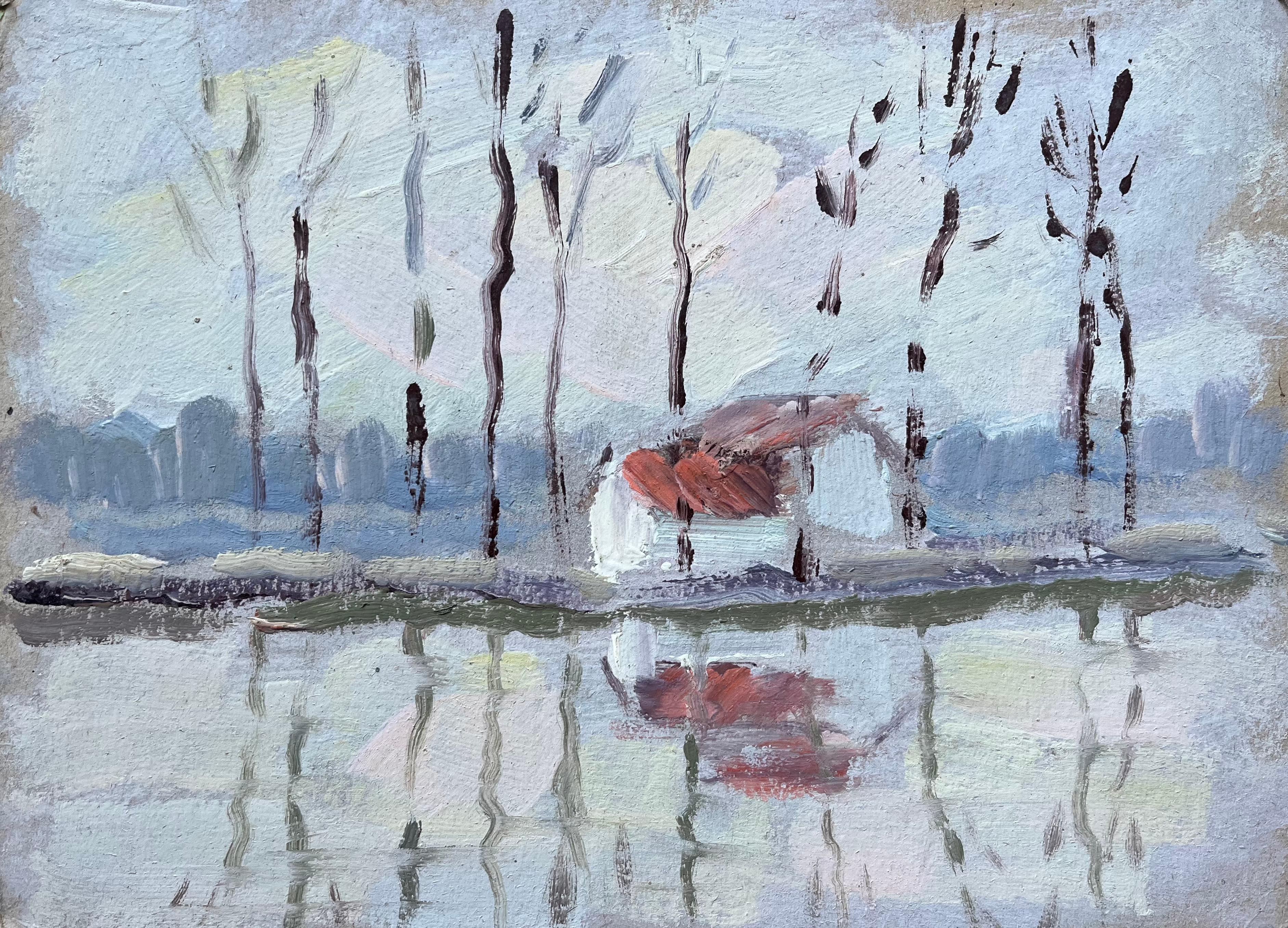 Französische impressionistische Flussbank-Landschaft mit Reflektionen und Haus