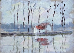 Vintage French Impressionist Riverbank Landscape with Reflections and Cottage