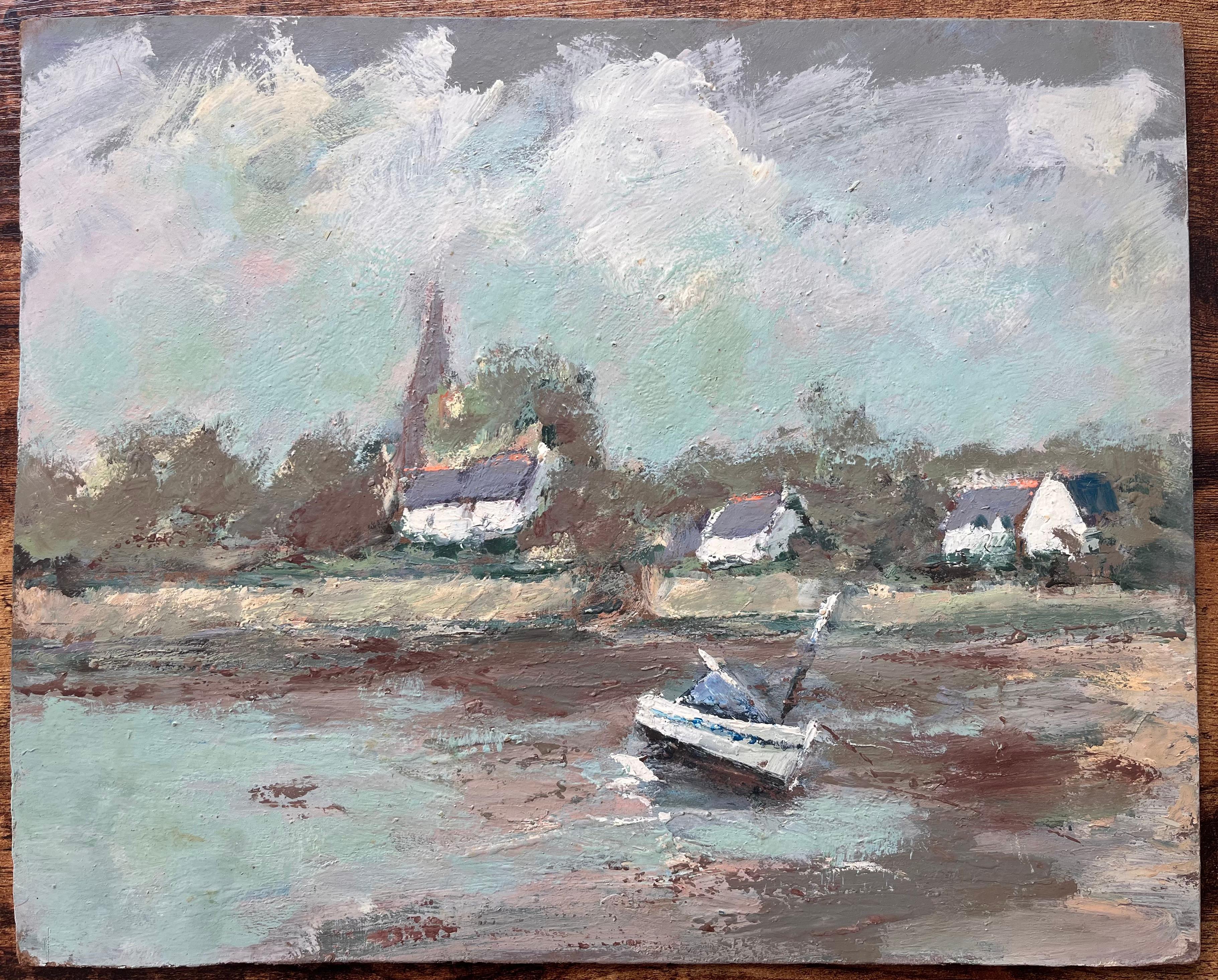 Scène impressionniste française avec voilier et flèche d'église - Painting de Fanch Lel