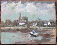 Französischer Impressionist Flussuferszene mit Segelboot und Kirchturmspitze