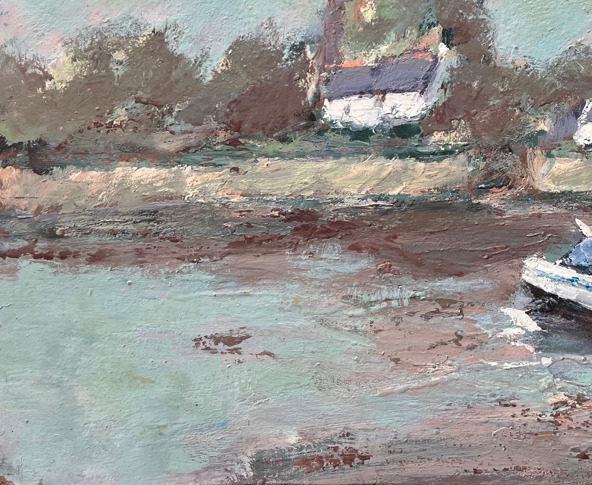 Scène impressionniste française avec voilier et flèche d'église - Gris Landscape Painting par Fanch Lel