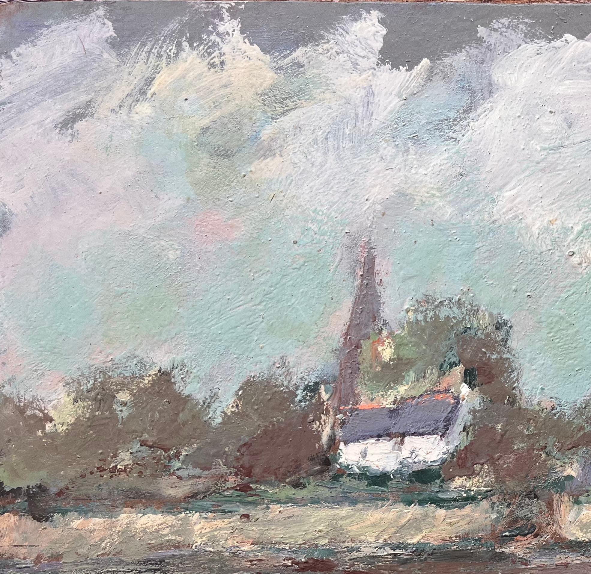 Titre : Scène impressionniste française au bord d'une rivière avec voilier et flèche d'église
Par Fanch Lel
Taille : 13 x 16.25 pouces (hauteur x largeur)
Peinture à l'huile sur carton, non encadrée
Condit : Le tableau est en bon état avec des