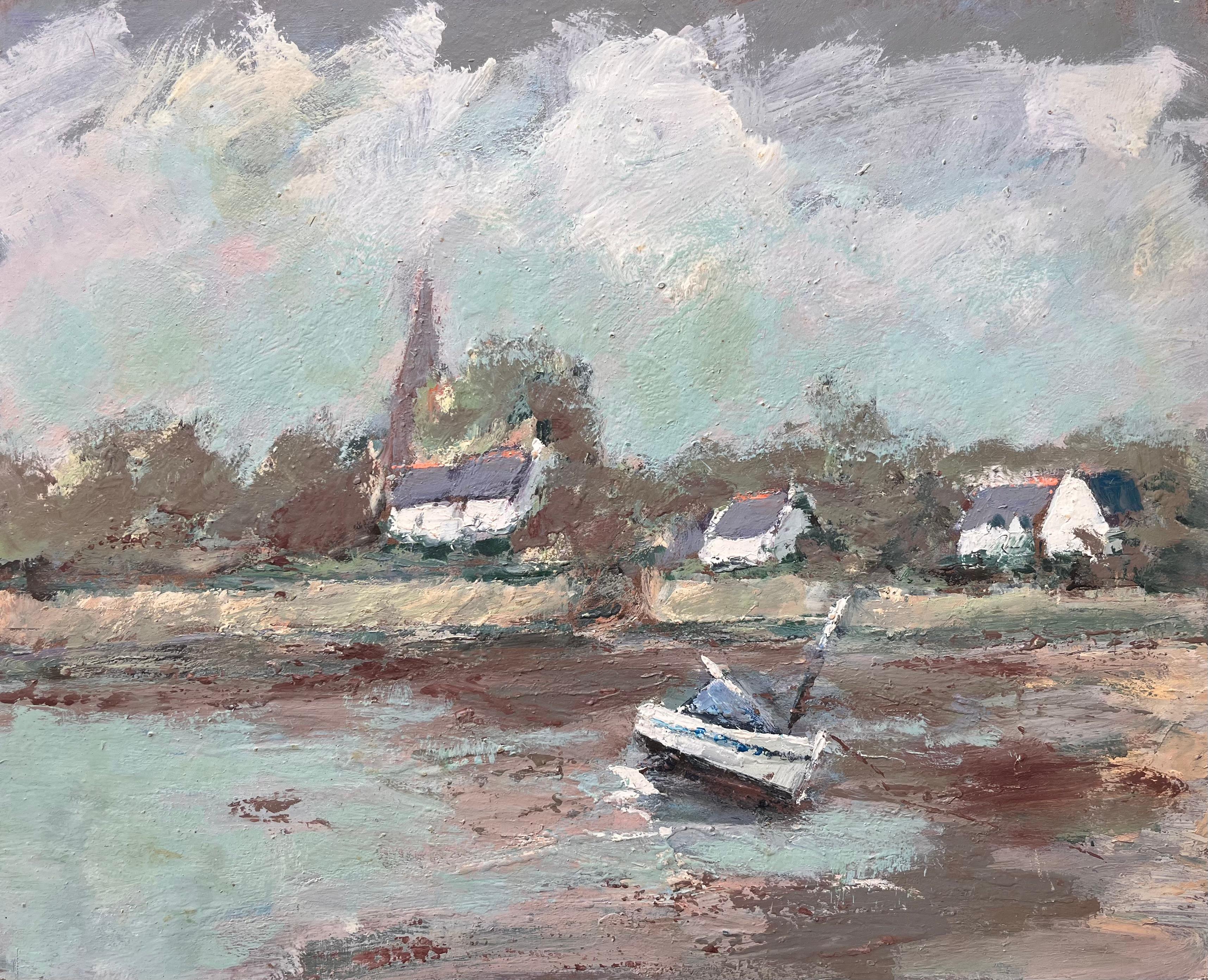Landscape Painting Fanch Lel - Scène impressionniste française avec voilier et flèche d'église