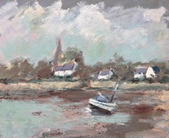 French Impressionist Riverbank Scene with Sailboat and Church Spire