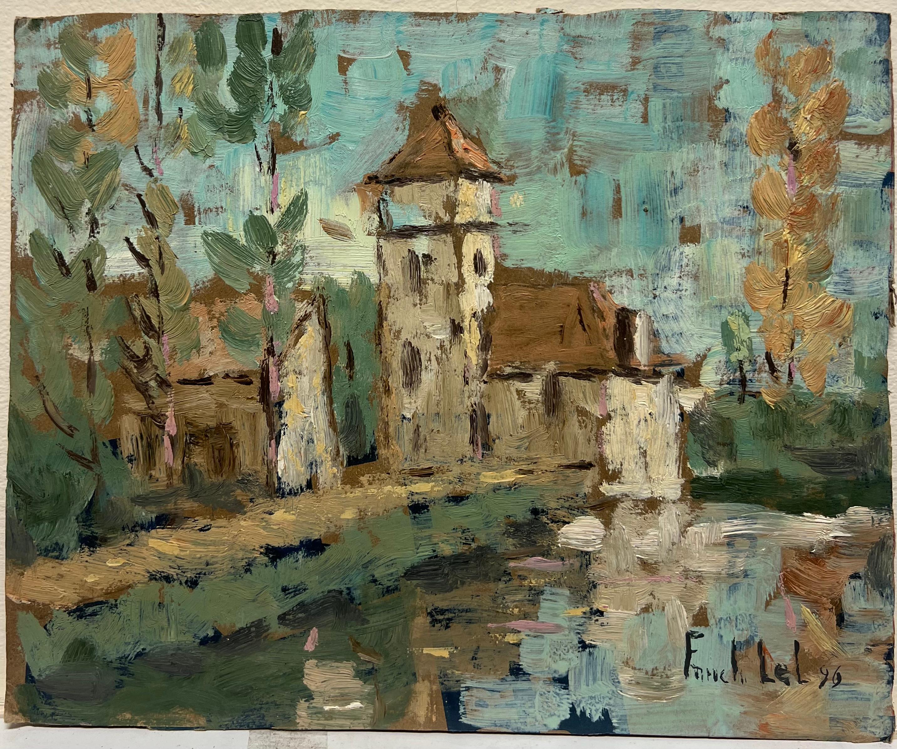 Peinture à l'huile impressionniste française d'une église de bord de rivière avec des saules drapés - Painting de Fanch Lel