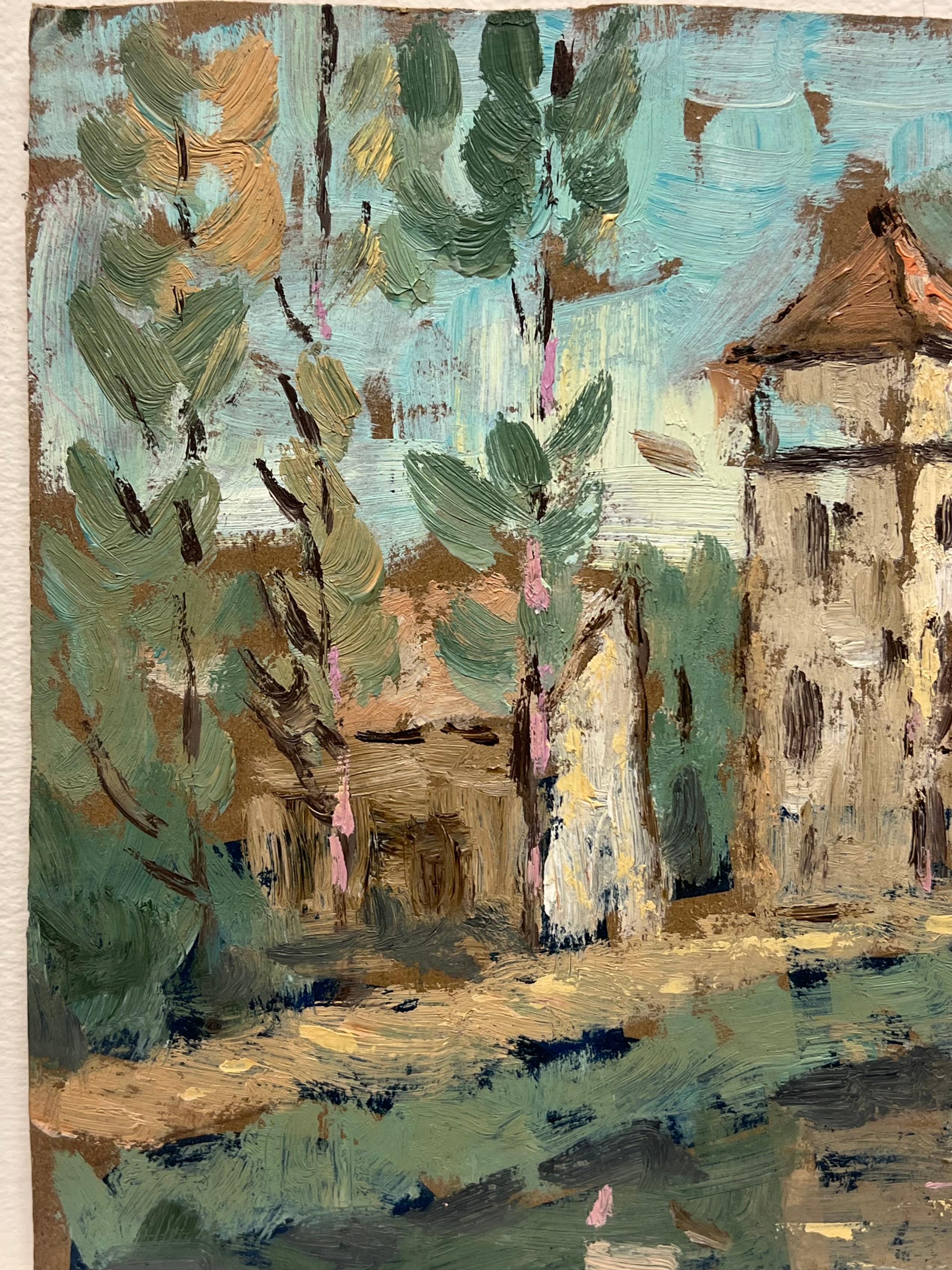 Peinture à l'huile impressionniste française d'une église de bord de rivière avec des saules drapés - Impressionnisme Painting par Fanch Lel