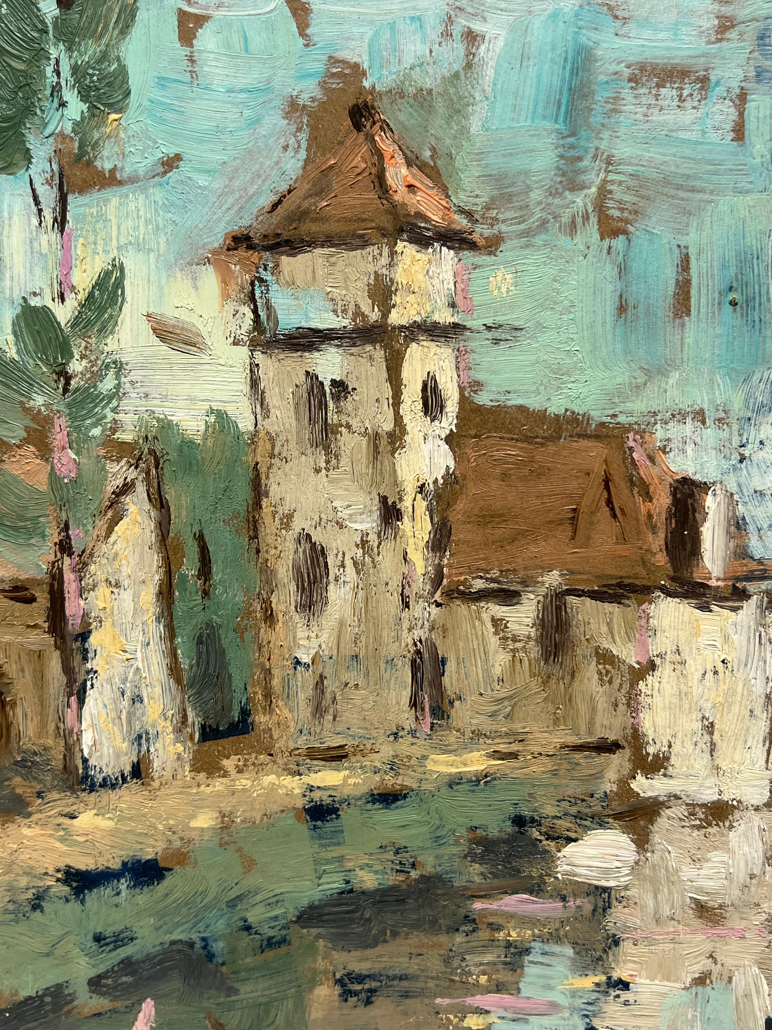 Peinture à l'huile impressionniste française d'une église de bord de rivière avec des saules drapés - Gris Figurative Painting par Fanch Lel