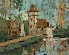 French Impressionist Riverside Church with Draping Willow Trees Oil Painting