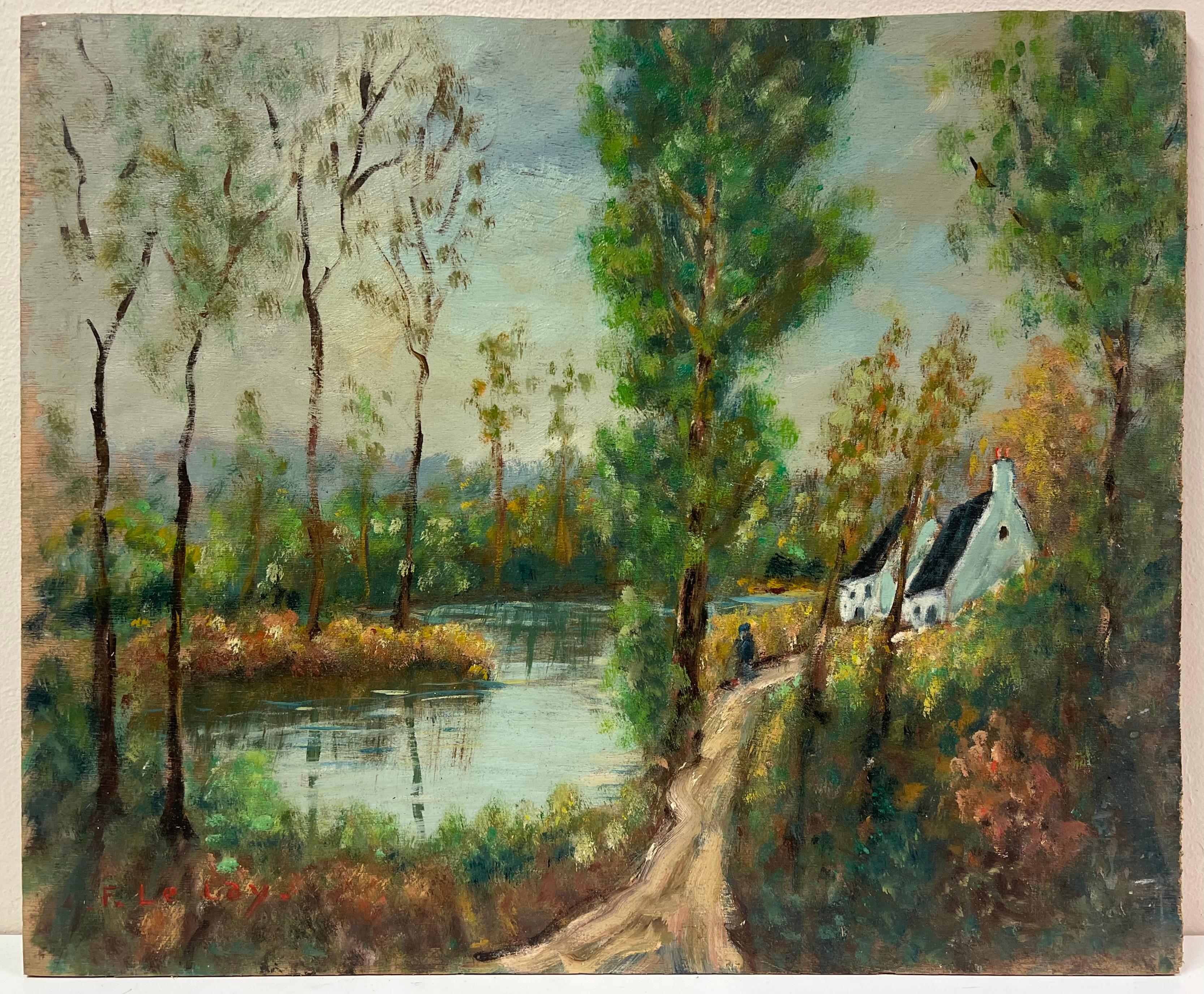 Französisch-impressionistischer Flussufer mit weißen Cottages, Ölgemälde – Painting von Fanch Lel