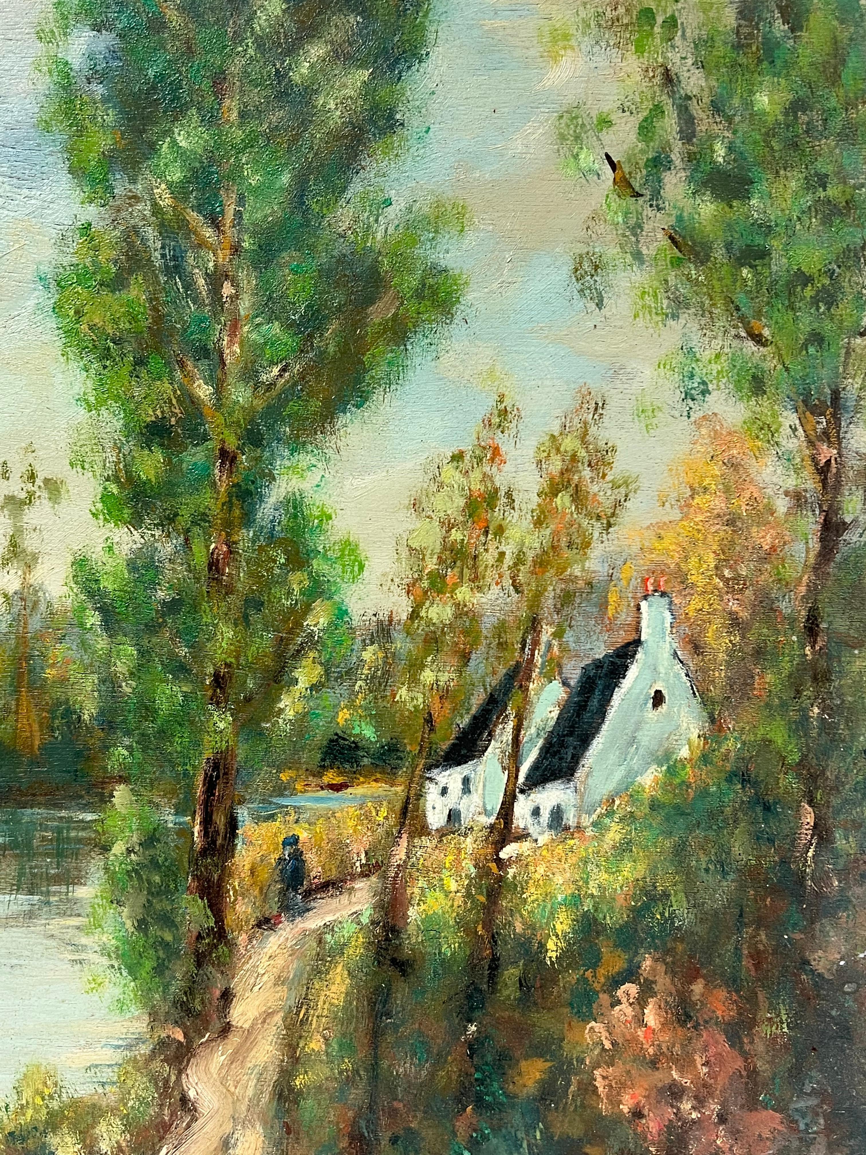 Französisch-impressionistischer Flussufer mit weißen Cottages, Ölgemälde (Impressionismus), Painting, von Fanch Lel