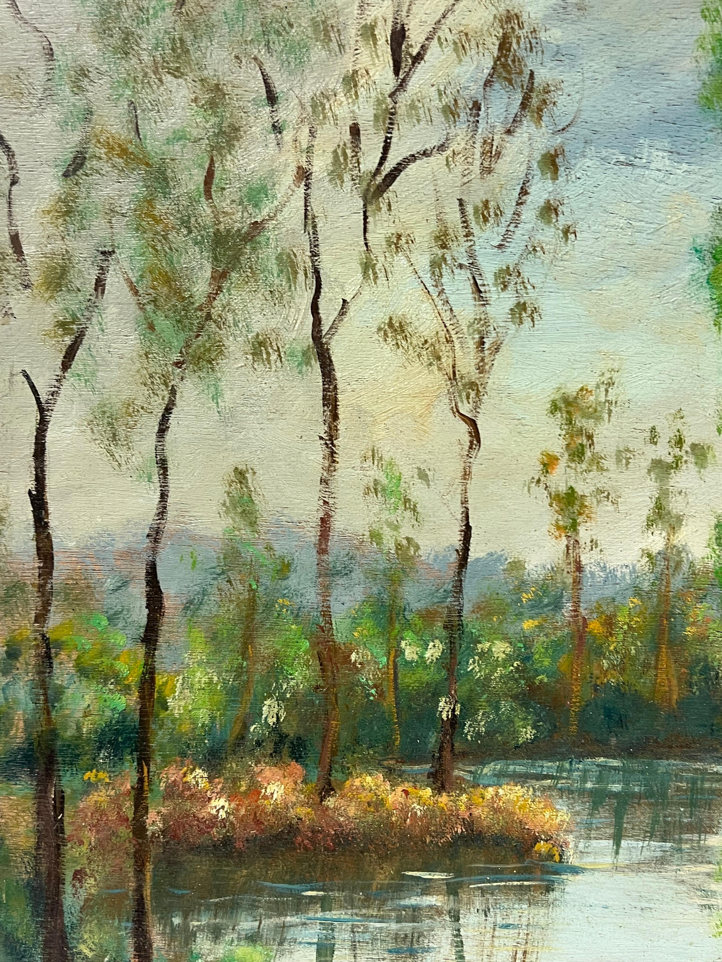 Französisch-impressionistischer Flussufer mit weißen Cottages, Ölgemälde (Braun), Landscape Painting, von Fanch Lel