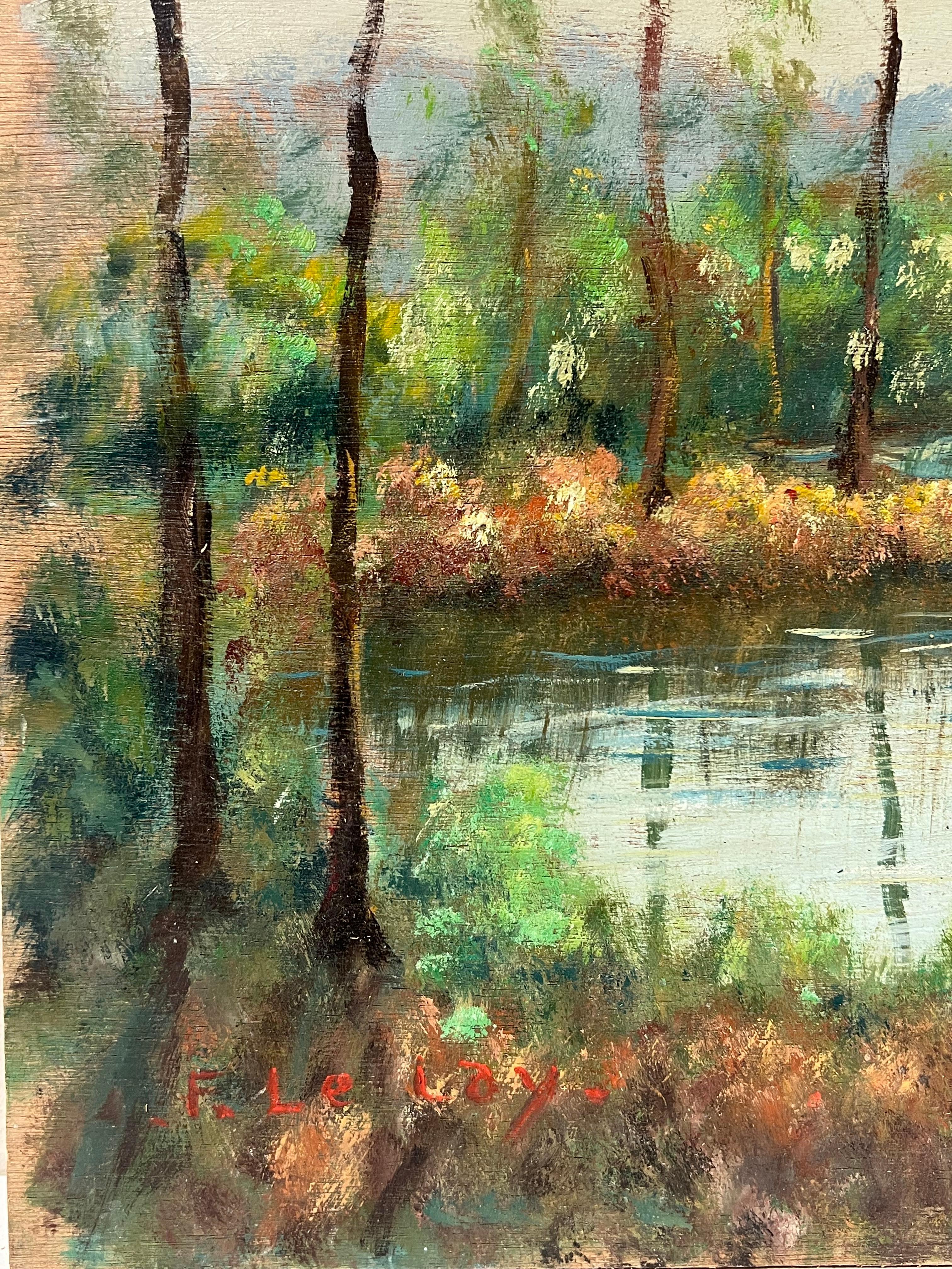 Französisch-impressionistischer Flussufer mit weißen Cottages, Ölgemälde im Angebot 1