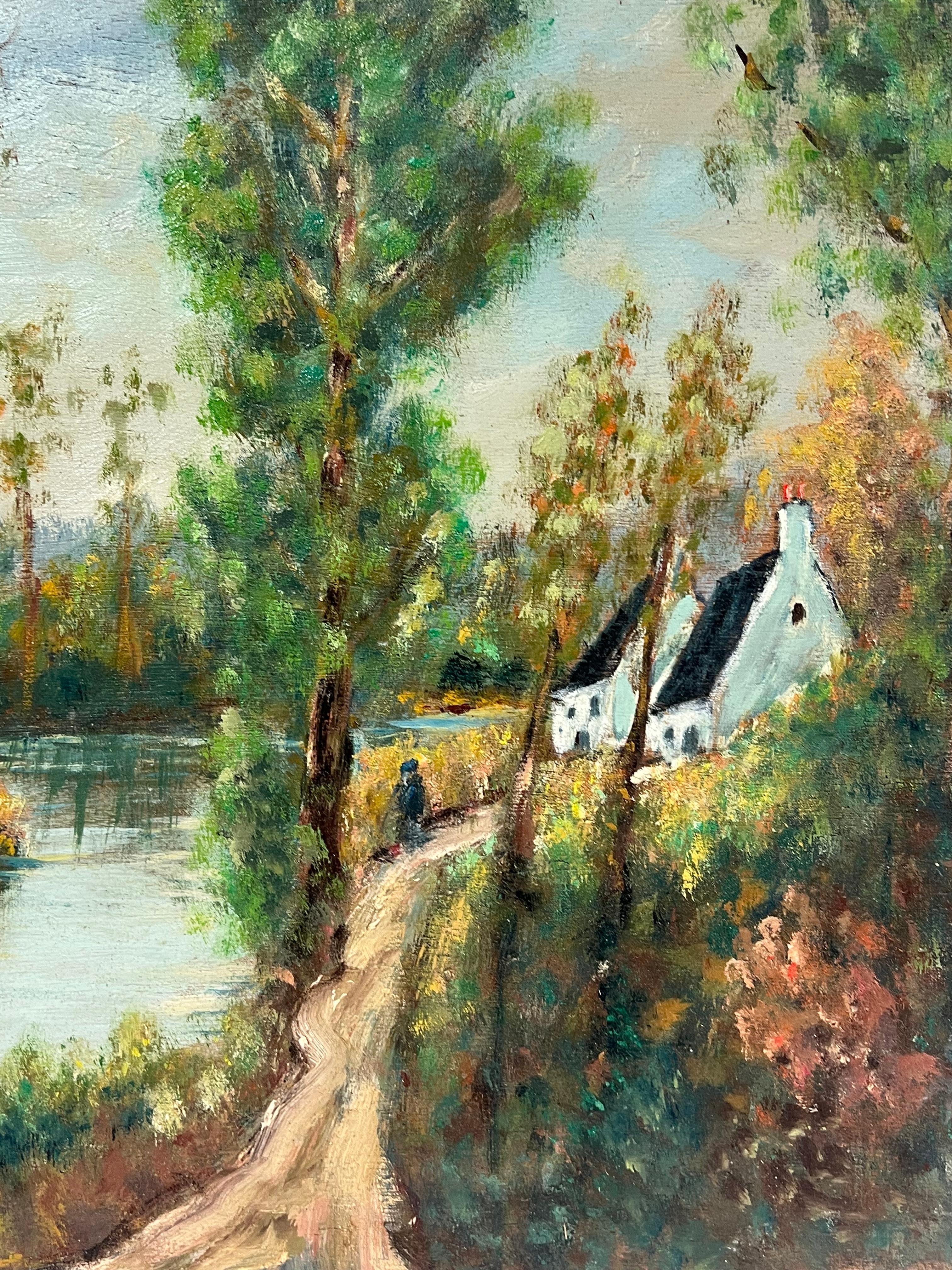 Französisch-impressionistischer Flussufer mit weißen Cottages, Ölgemälde im Angebot 2