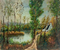 Pintura al óleo impresionista francesa Camino de ribera con casitas blancas