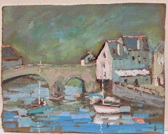 French Impressionist Riverside Scene with Boats and Stone Bridge Under Muted Sky