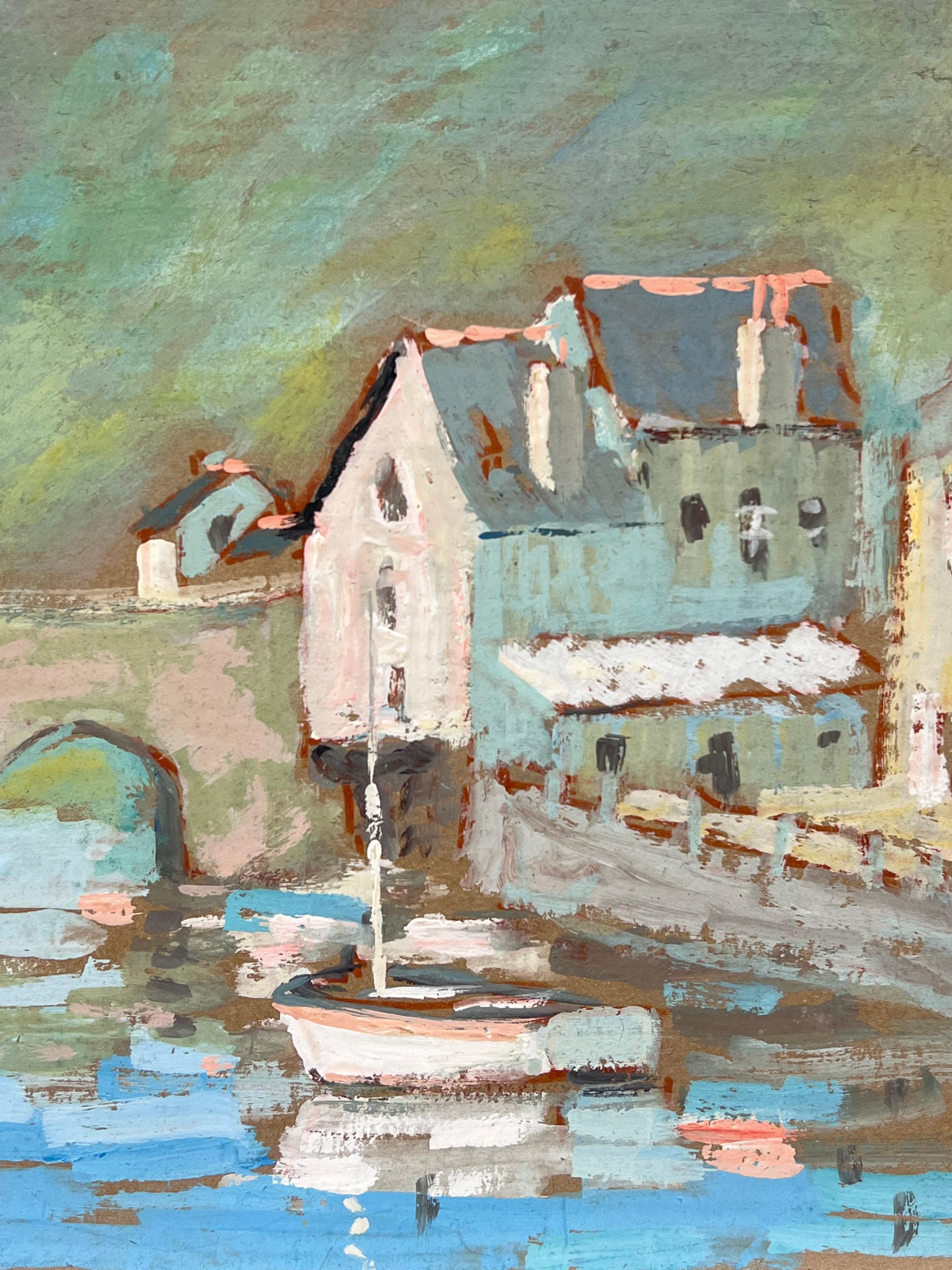 Scène impressionniste française représentant des bateaux et un pont en pierre sous un ciel froid - Impressionnisme Painting par Fanch Lel