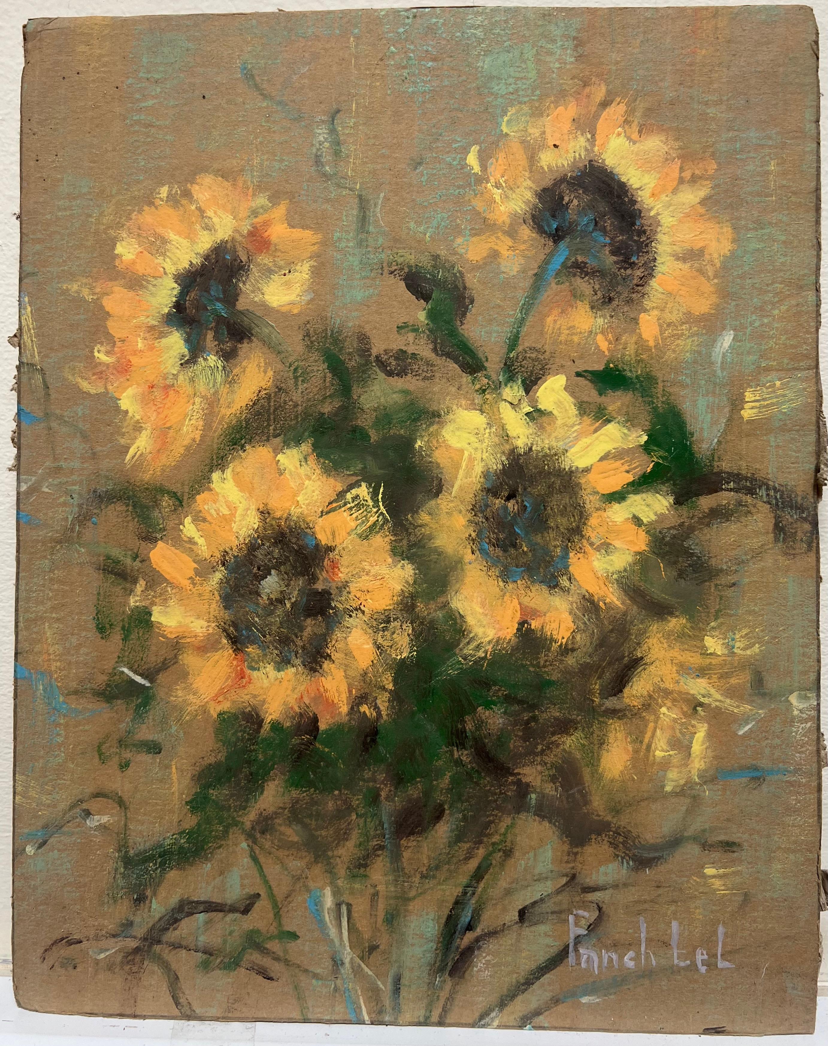 Impressionista francese Bouquet rustico di girasoli Natura morta Pittura a guazzo - Painting di Fanch Lel
