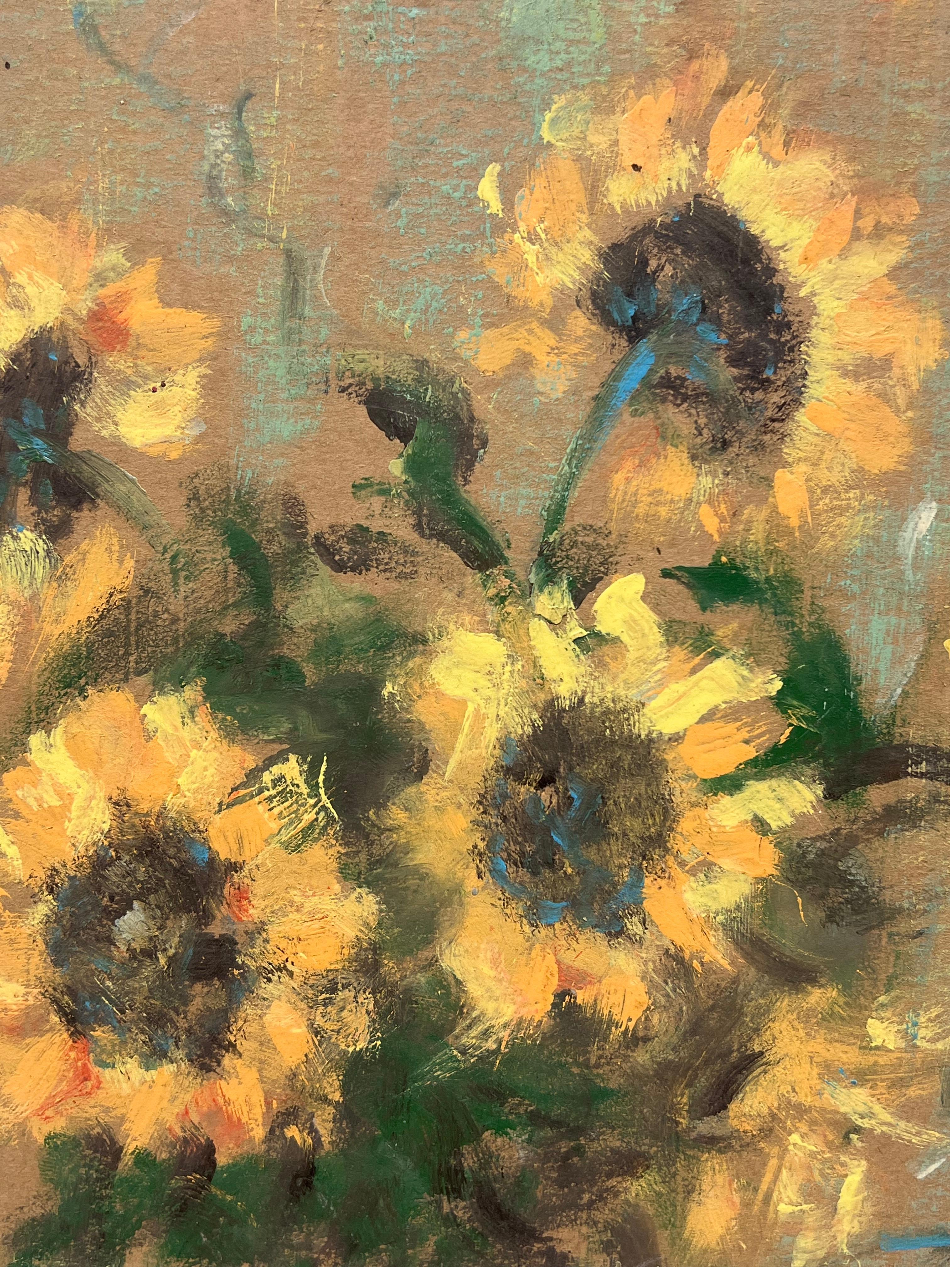 Impressionista francese Bouquet rustico di girasoli Natura morta Pittura a guazzo - Painting Impressionismo di Fanch Lel