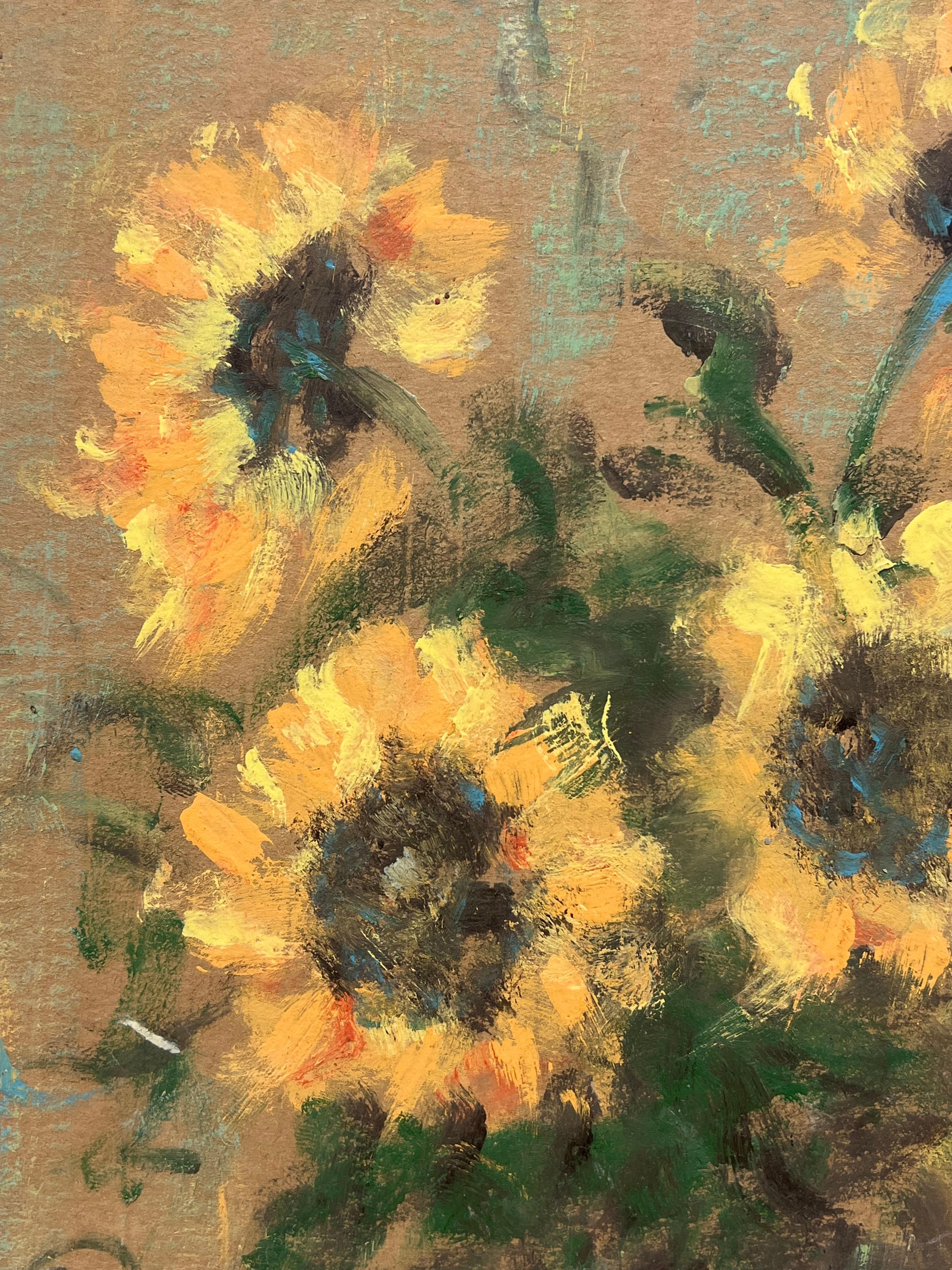 Impressionista francese Bouquet rustico di girasoli Natura morta Pittura a guazzo - Interior Painting Marrone di Fanch Lel