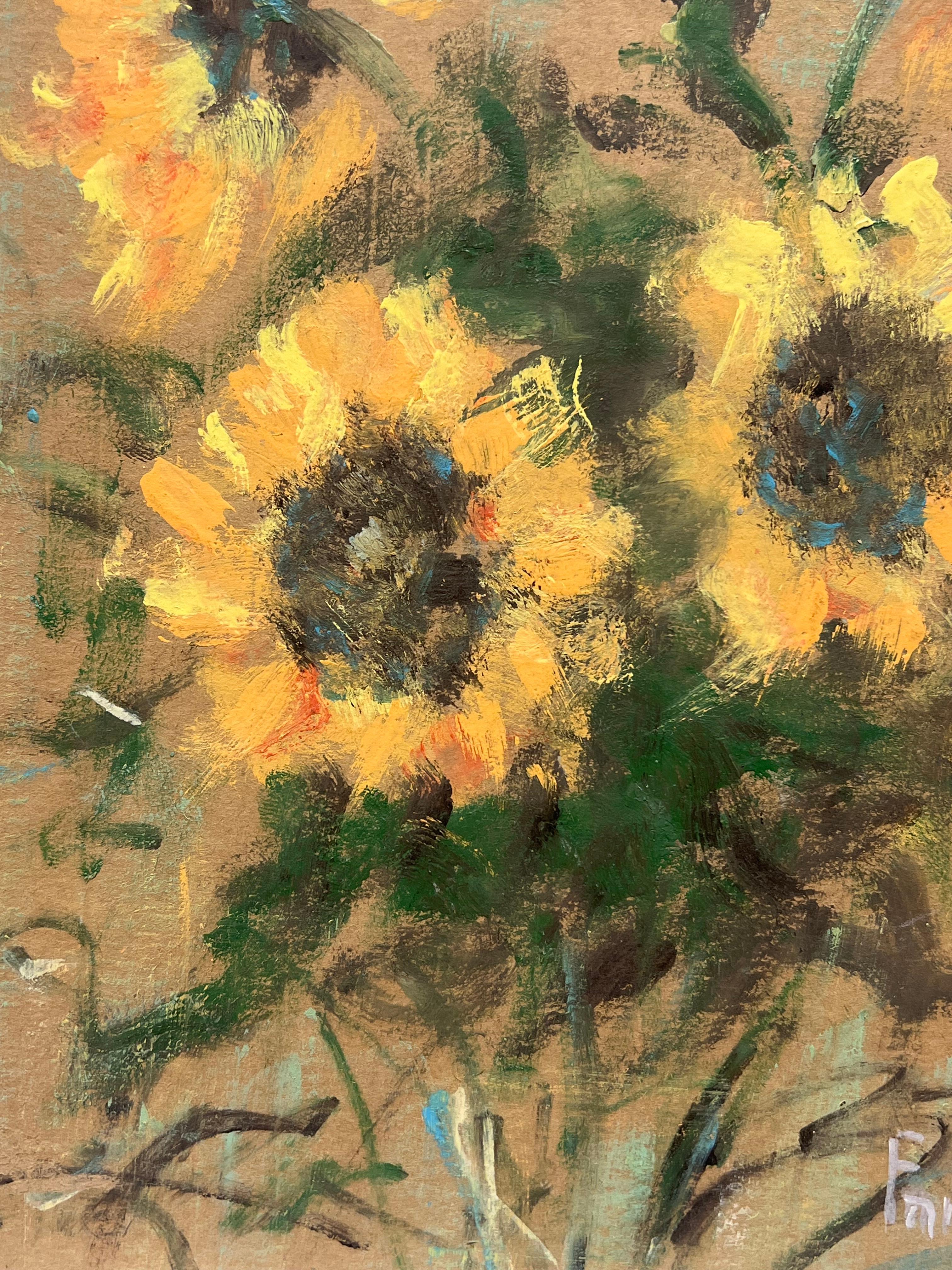 Bouquet di girasoli
firmato da Fanch Lel (francese, nato nel 1930)
Dimensioni: 11,75 x 9,5 pollici
Pittura a guazzo su cartone, senza cornice
Inscritto sul verso 
Condit: Il dipinto è in buone condizioni, con lievi segni di