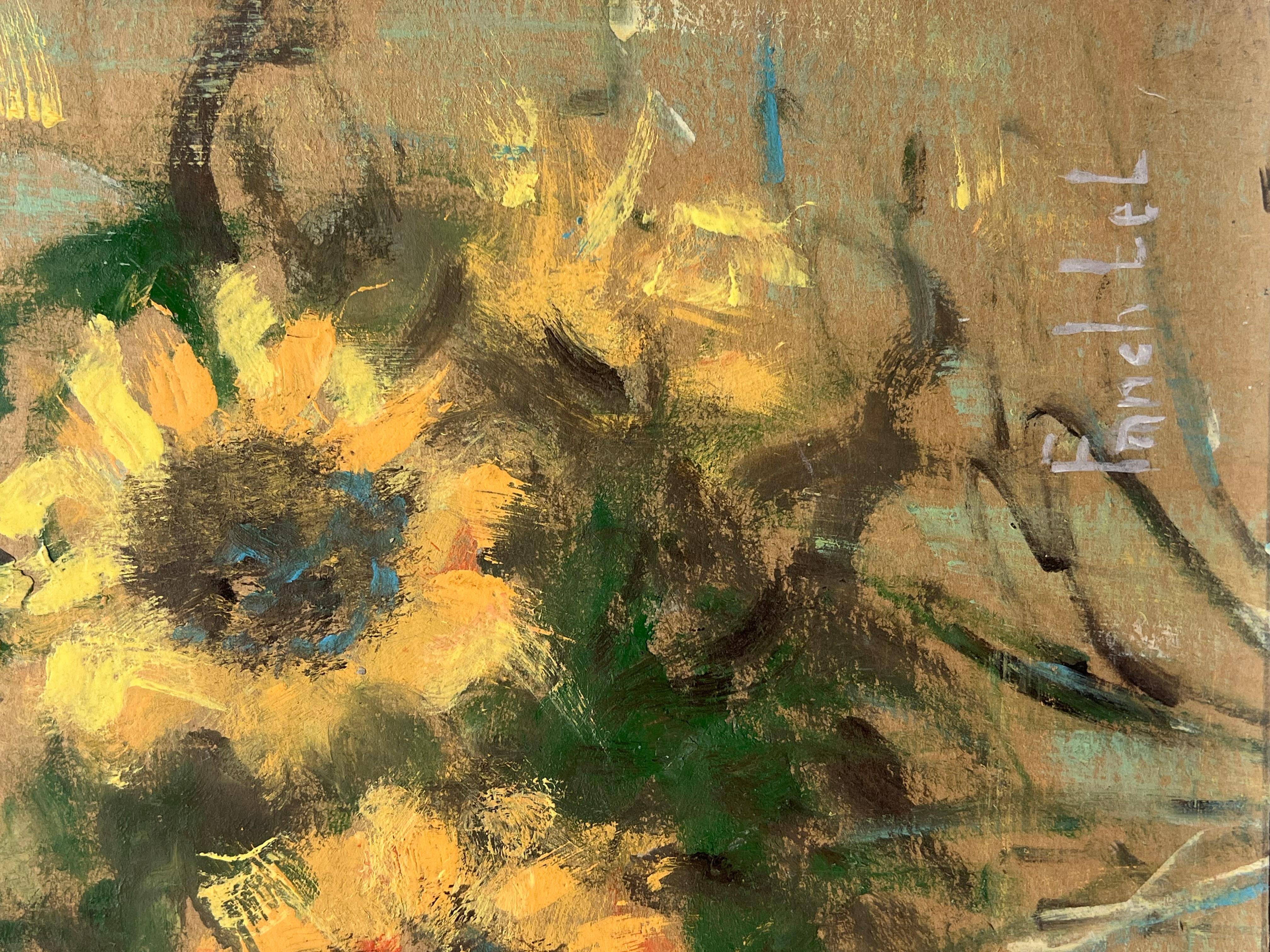 Impressionista francese Bouquet rustico di girasoli Natura morta Pittura a guazzo in vendita 1