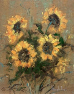 Französisch-impressionistischer rustikaler Blumenstrauß mit Sonnenblumen-Stillleben in Gouache-Gemälde, Stillleben