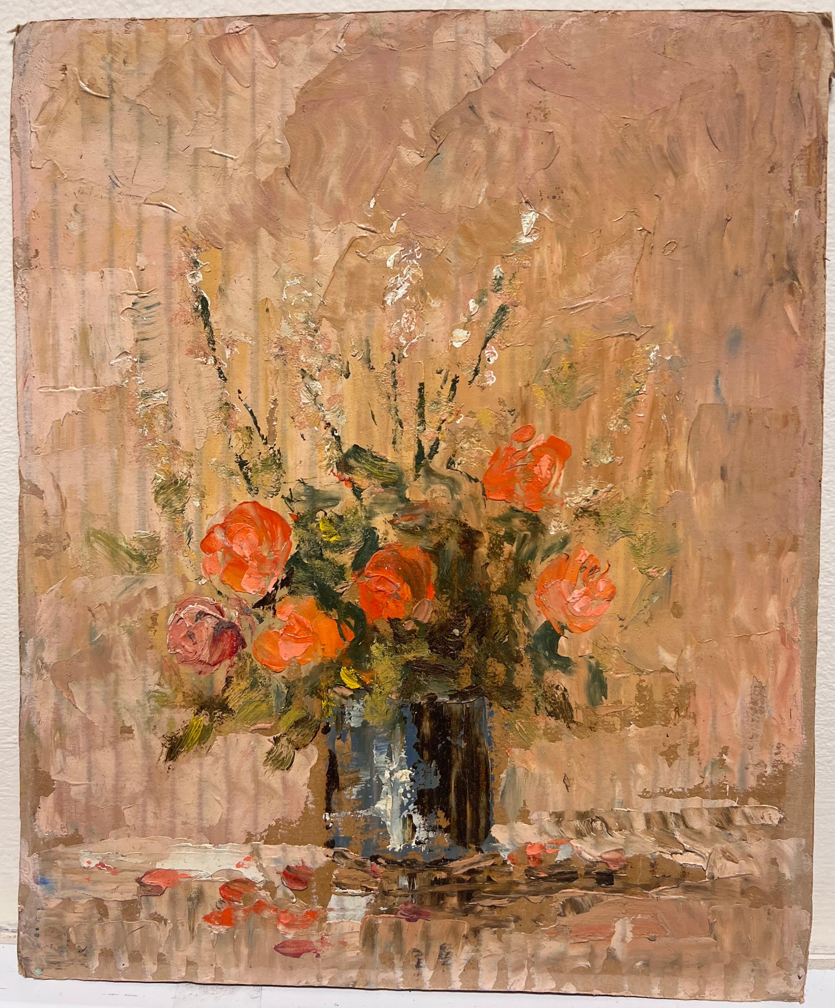 Ramo Rústico Impresionista Francés de Rosas Naranja Vibrantes en un Jarrón Azul Profundo - Painting de Fanch Lel