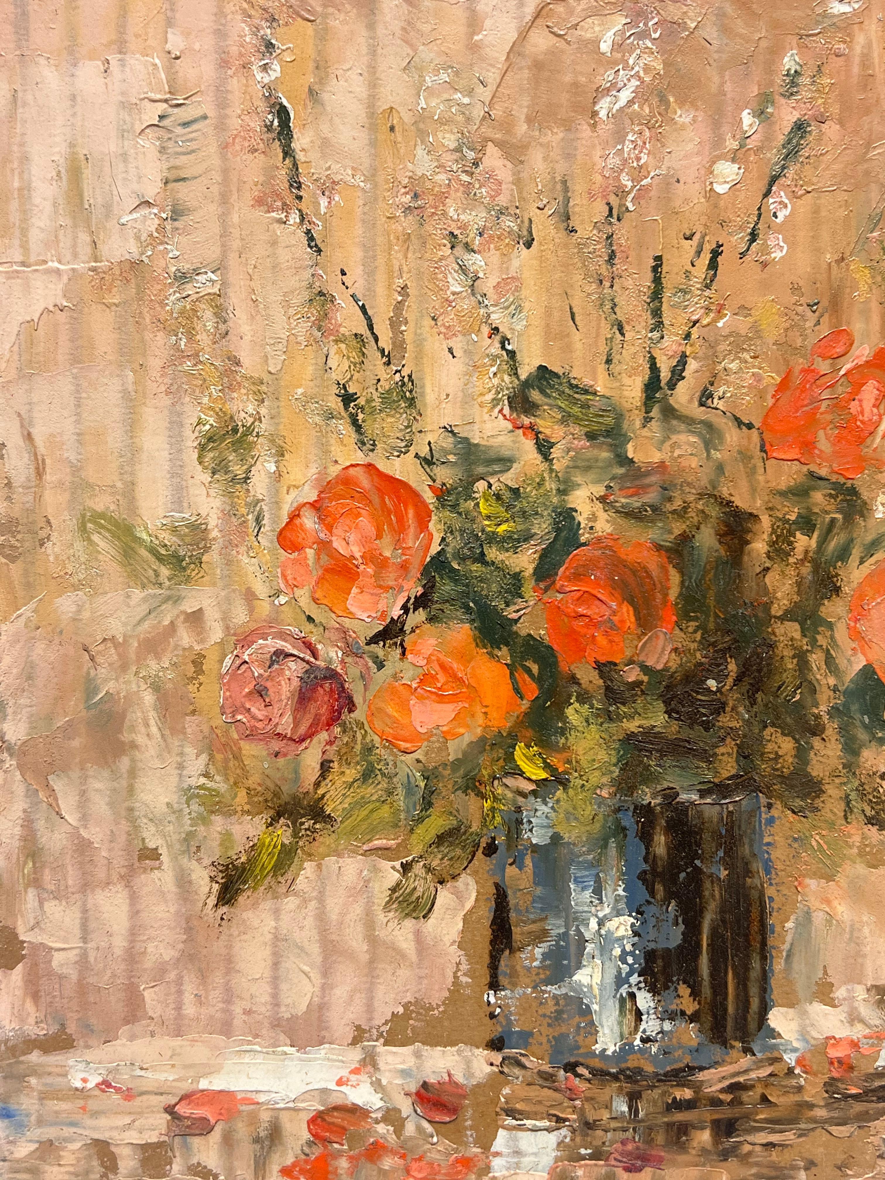 Ramo de naranjas rústicas
de Fanch Lel (francés, 1930)
Tamaño: 10,5 x 8,75 pulgadas
Óleo sobre cartón, sin enmarcar
Estado de conservación: El cuadro está en buen estado, con pequeños signos de envejecimiento.
Procedencia: Todos los cuadros de este