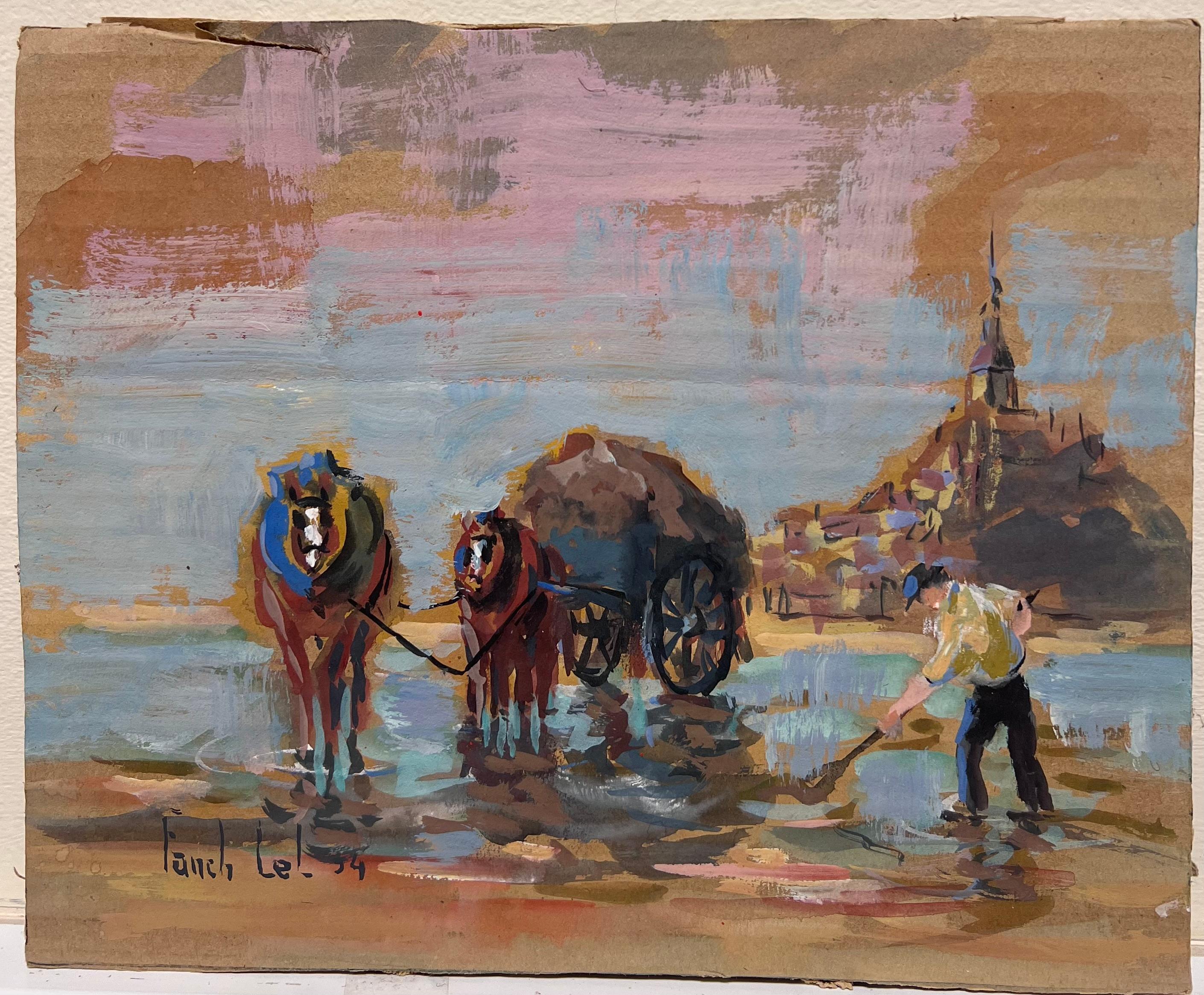 Impresionista francés Rústico Jornada de trabajo al borde del agua Paisaje de caballos y carros - Painting de Fanch Lel