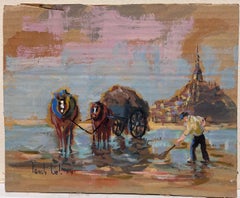 Impressionniste français Rustique Journée de travail au bord de l'eau Chevaux et charrette Paysage