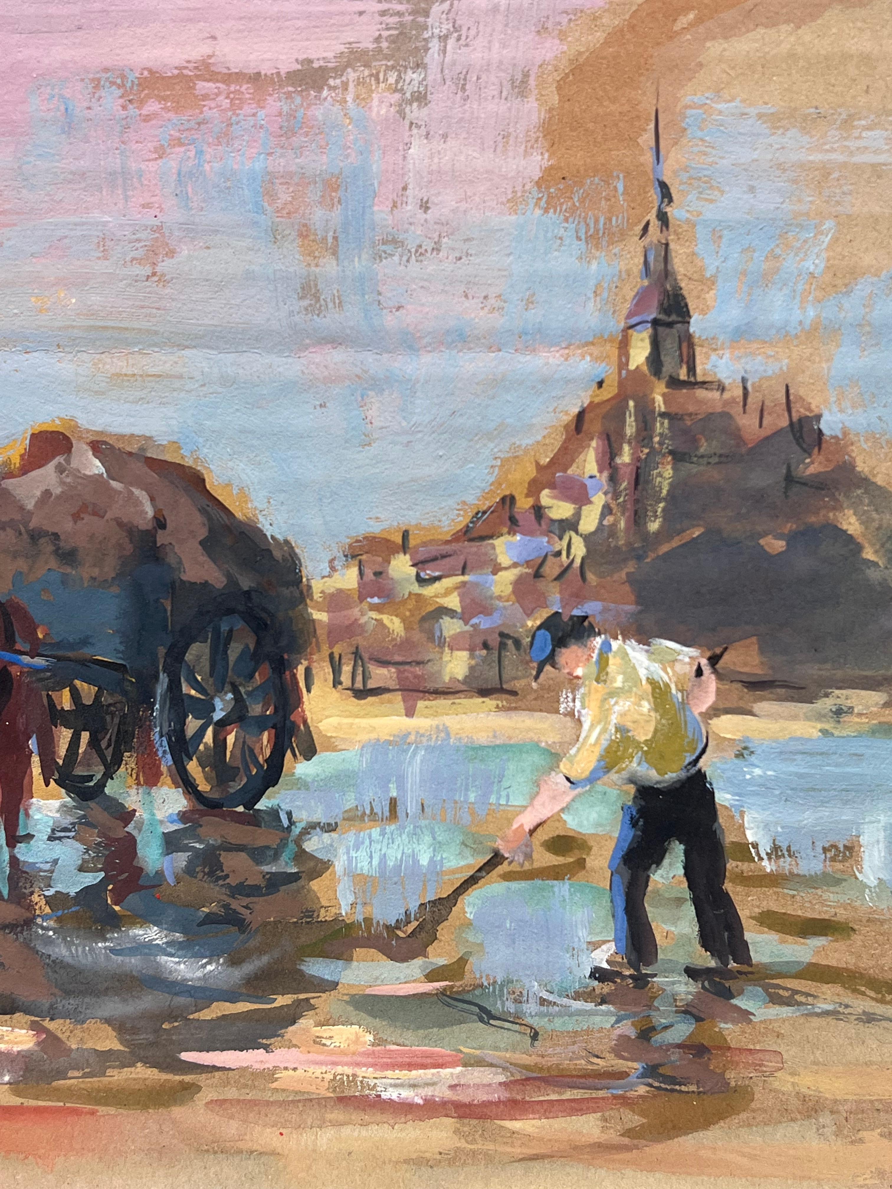 Impresionista francés Rústico Jornada de trabajo al borde del agua Paisaje de caballos y carros - Landscape Painting Marrón de Fanch Lel