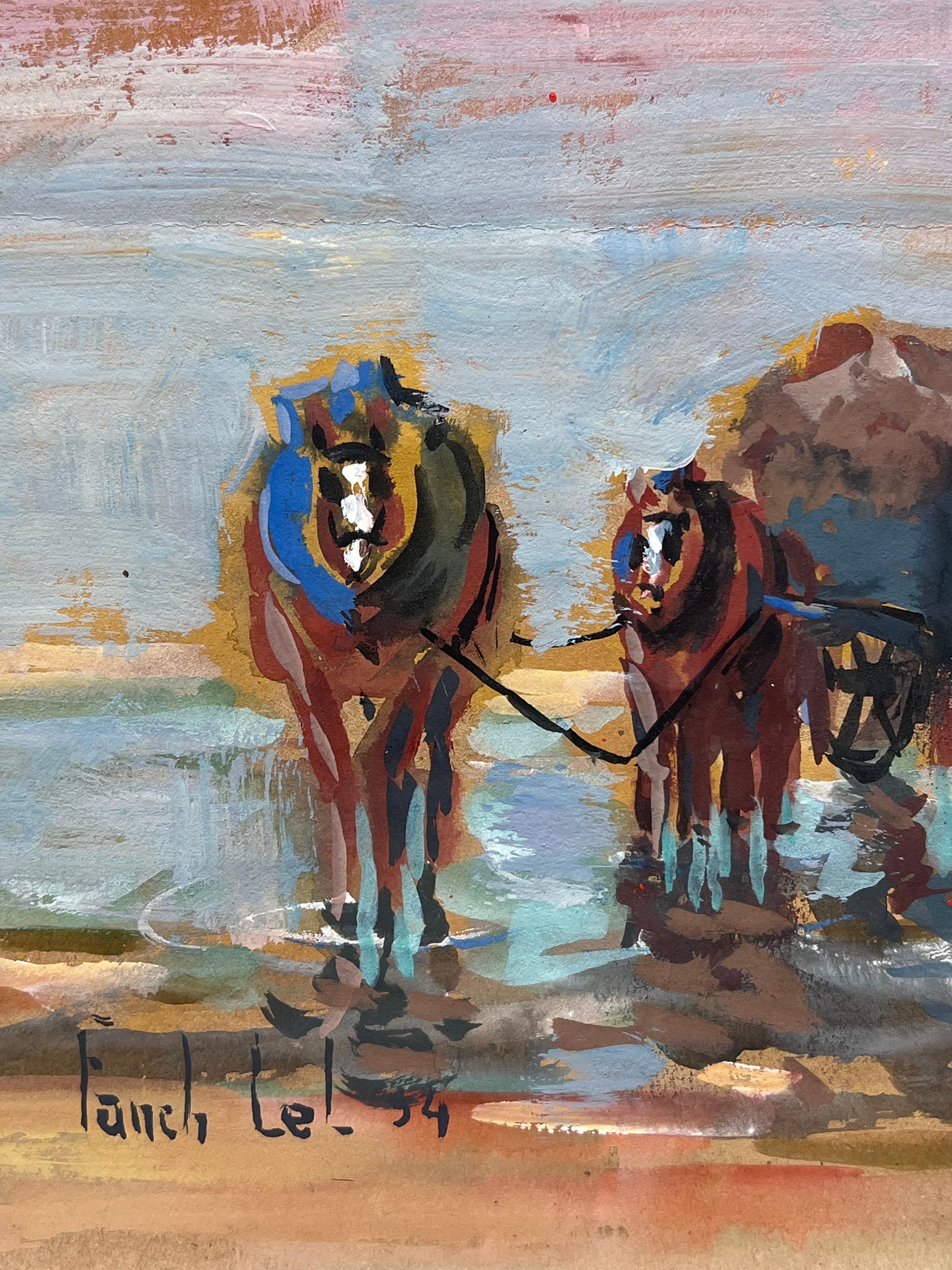 Impresionista francés Rústico Jornada de trabajo al borde del agua Paisaje de caballos y carros en venta 1